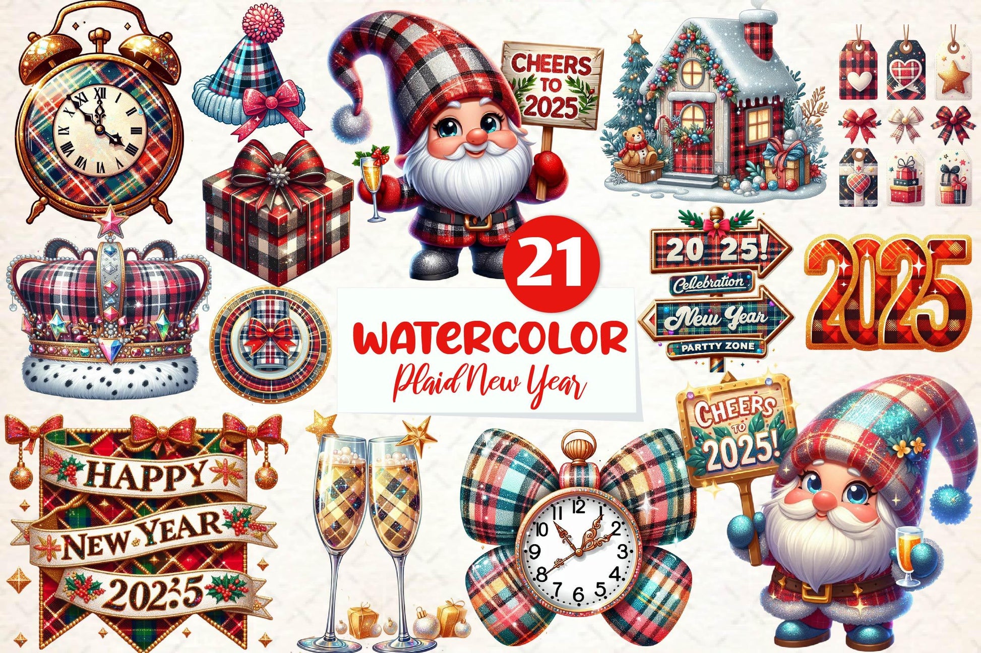 Glittery Plaid New Year 2025 Clipart Bundle - CraftNest - Digital Crafting and Art