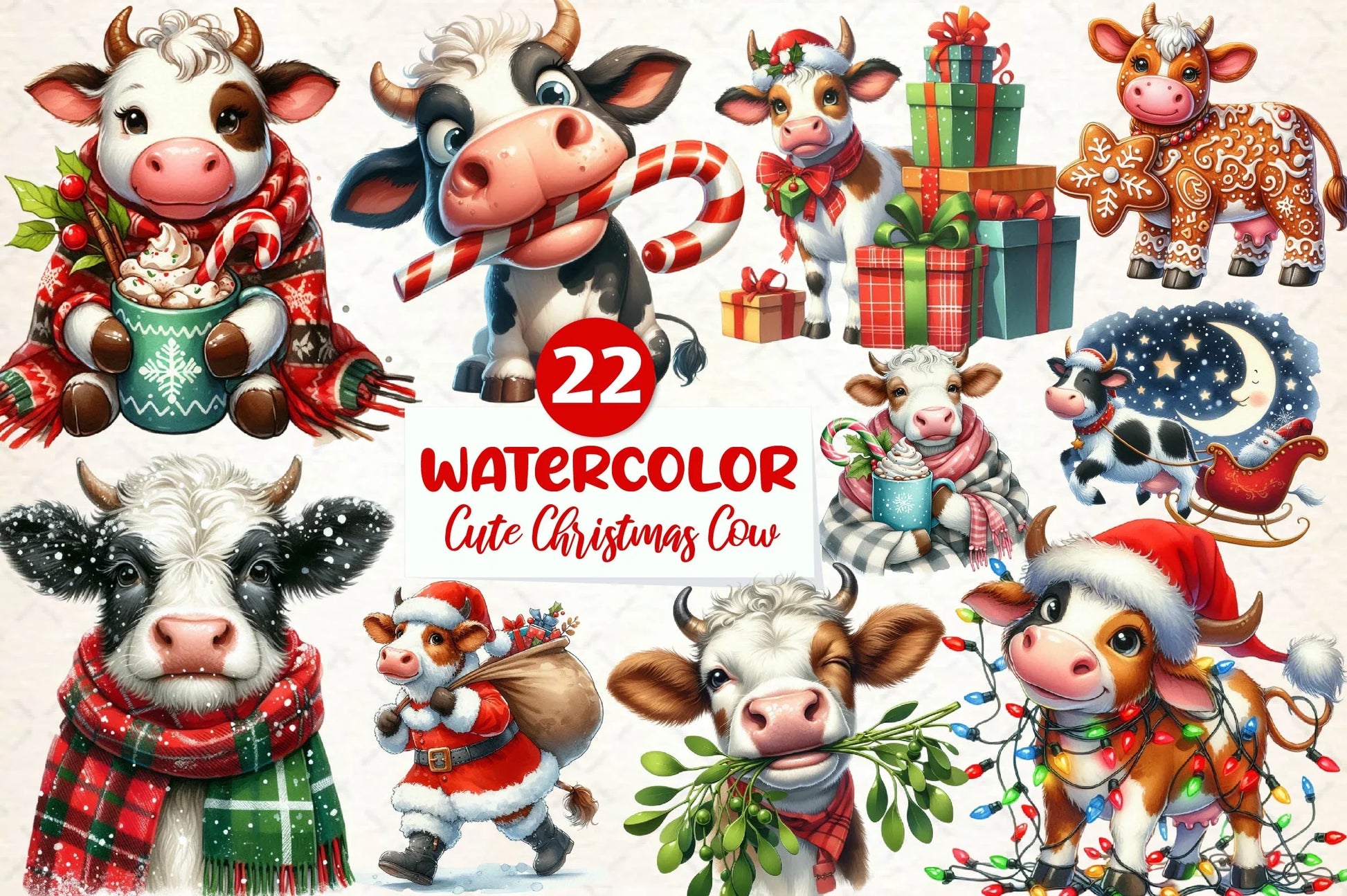 Cute Christmas Cow Clipart Bundle - CraftNest - Digital Crafting and Art