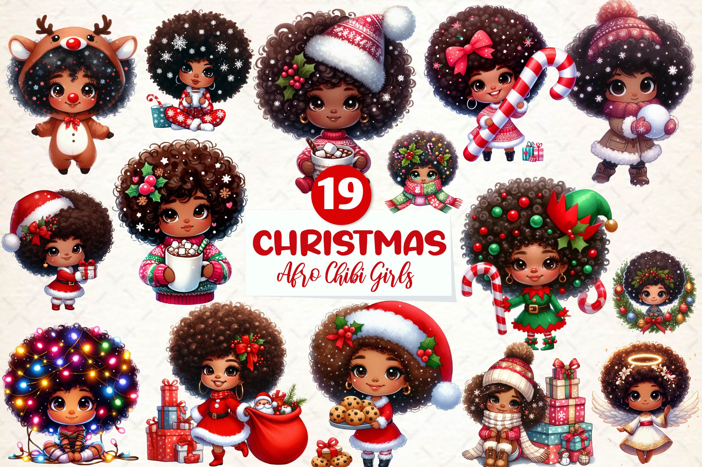 Christmas Afro Chibi Girls Clipart Bundle - CraftNest - Digital Crafting and Art