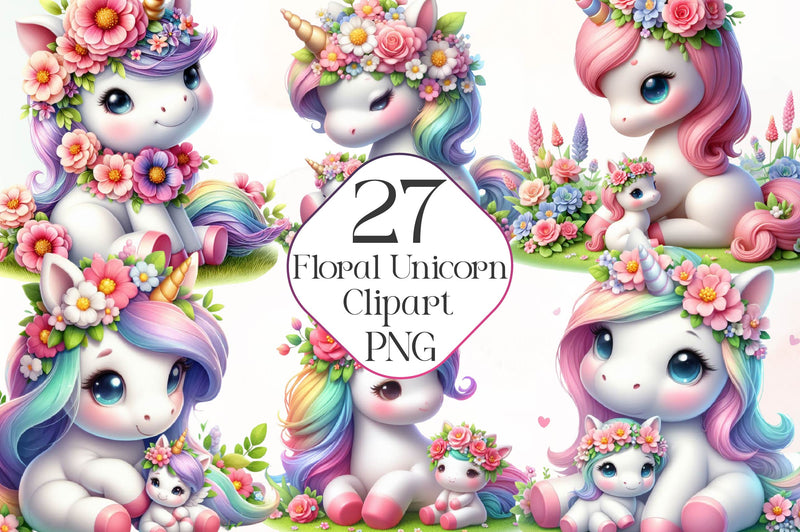 Cute Floral Unicorn Clipart Bundle - CraftNest - Digital Crafting and Art