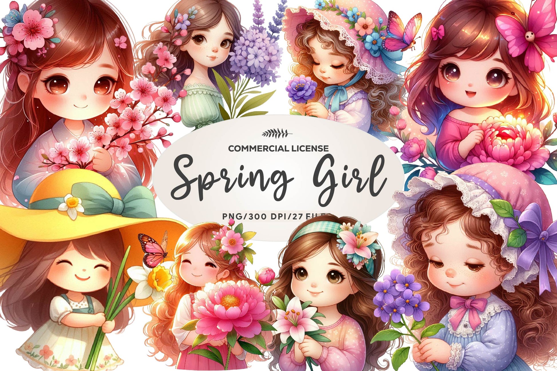 Spring Girl Holding Flower Clipart Bundle - CraftNest - Digital Crafting and Art