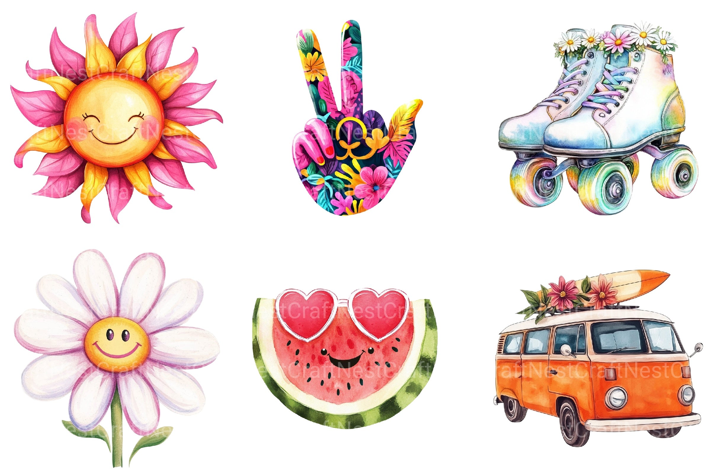 Retro Groovy Summer Clipart Bundle - CraftNest - Digital Crafting and Art