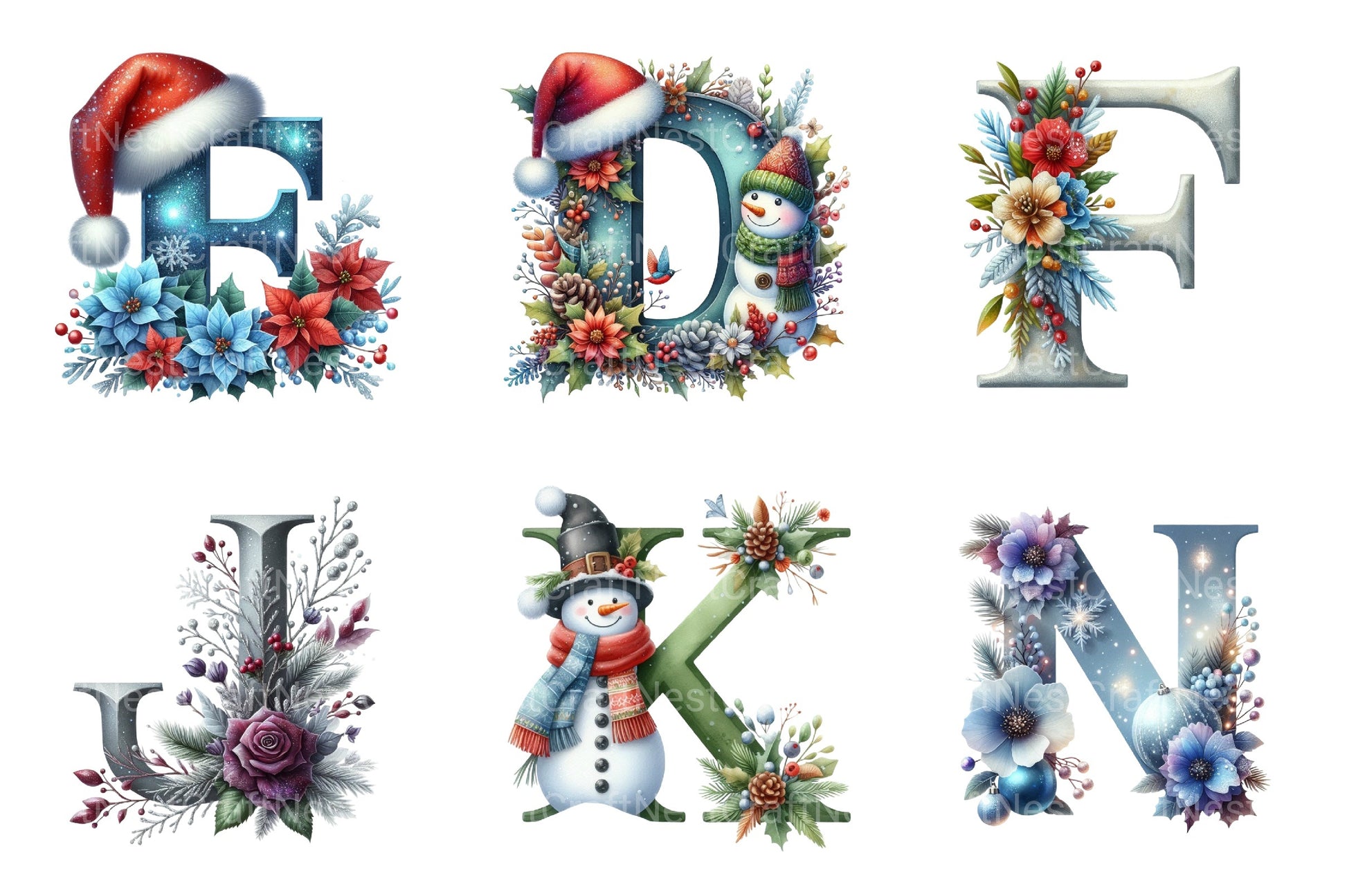 Christmas Alphabet Numbers Reindeer Santa Snowman Clipart Bundle - CraftNest - Digital Crafting and Art