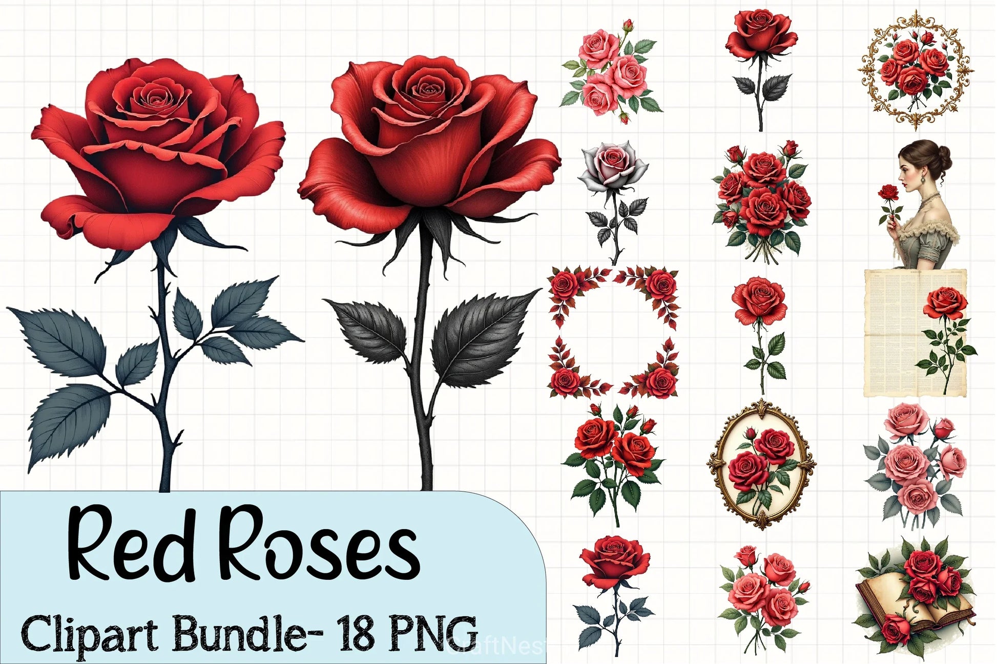 Red Roses Lithograph Clipart Bundle - CraftNest - Digital Crafting and Art