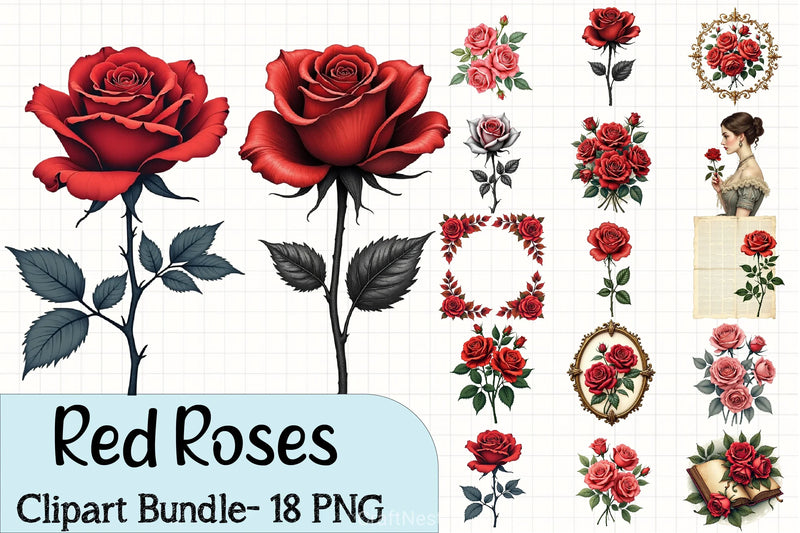 Red Roses Lithograph Clipart Bundle - CraftNest - Digital Crafting and Art