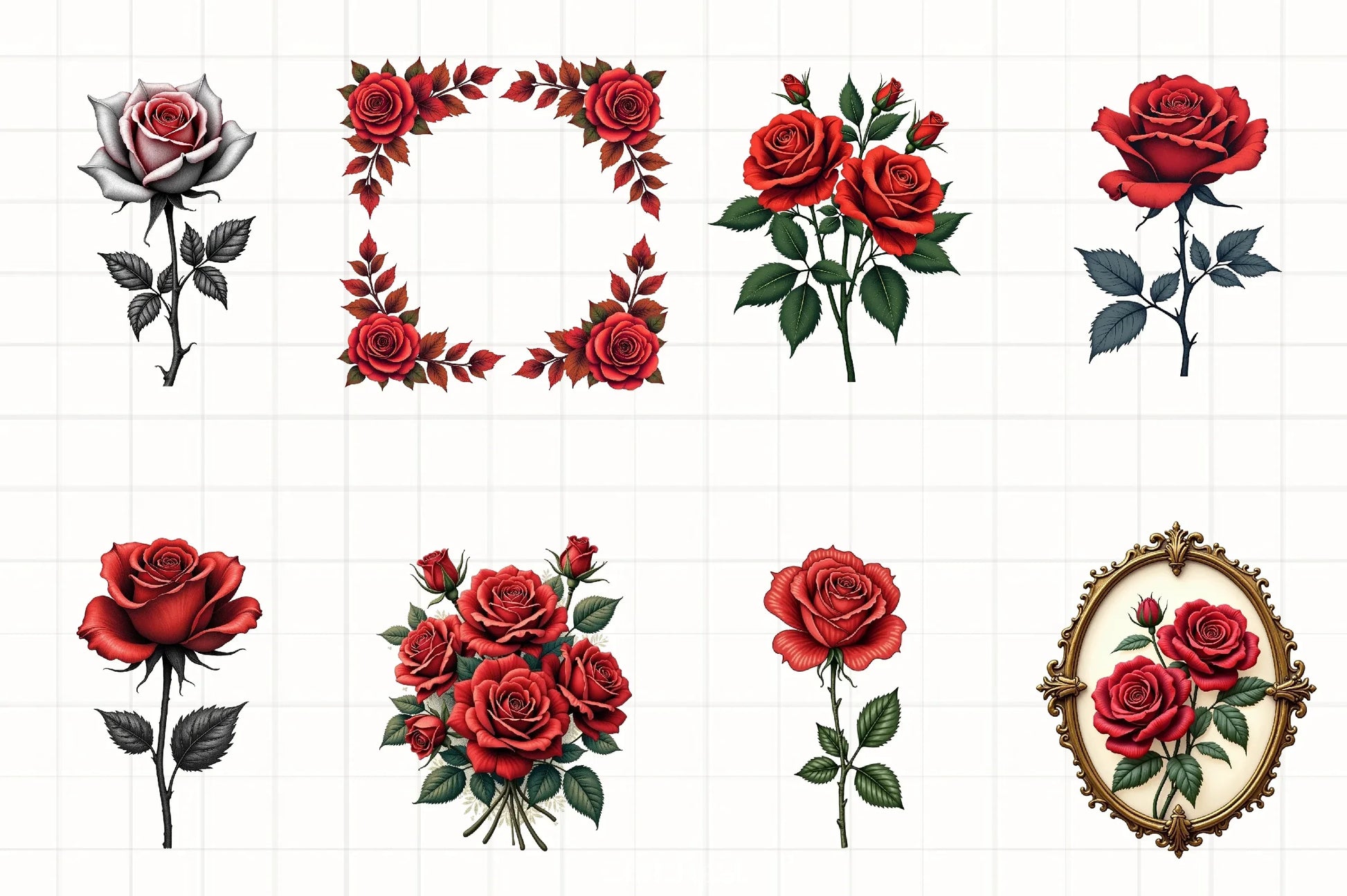 Red Roses Lithograph Clipart Bundle - CraftNest - Digital Crafting and Art