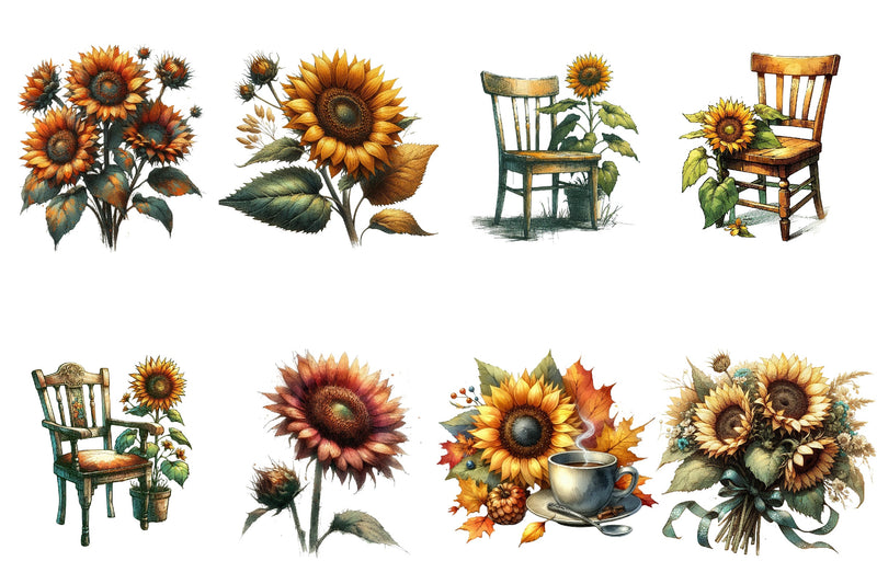 Vintage Sunflowers Autumn Clipart Bundle - CraftNest - Digital Crafting and Art