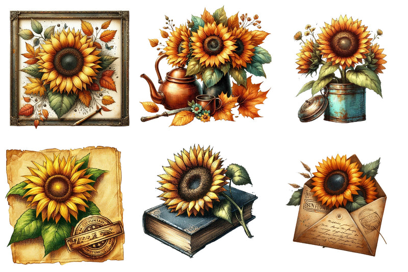 Vintage Sunflowers Autumn Clipart Bundle - CraftNest - Digital Crafting and Art