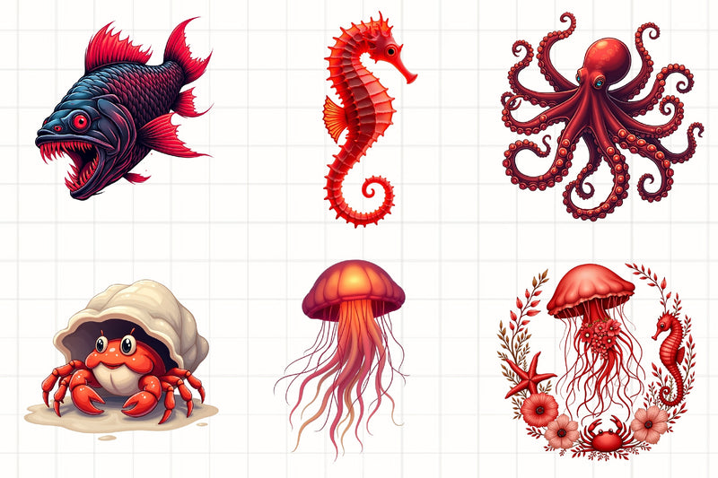 Red Ocean Animals Clipart Bundle - CraftNest - Digital Crafting and Art