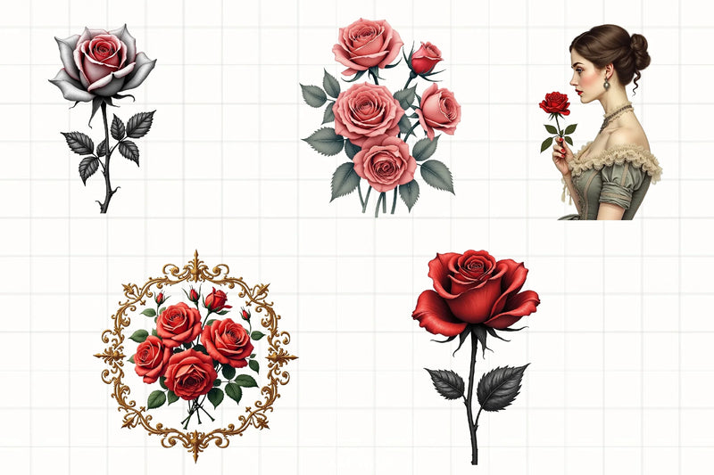 Red Roses Lithograph Clipart Bundle - CraftNest - Digital Crafting and Art