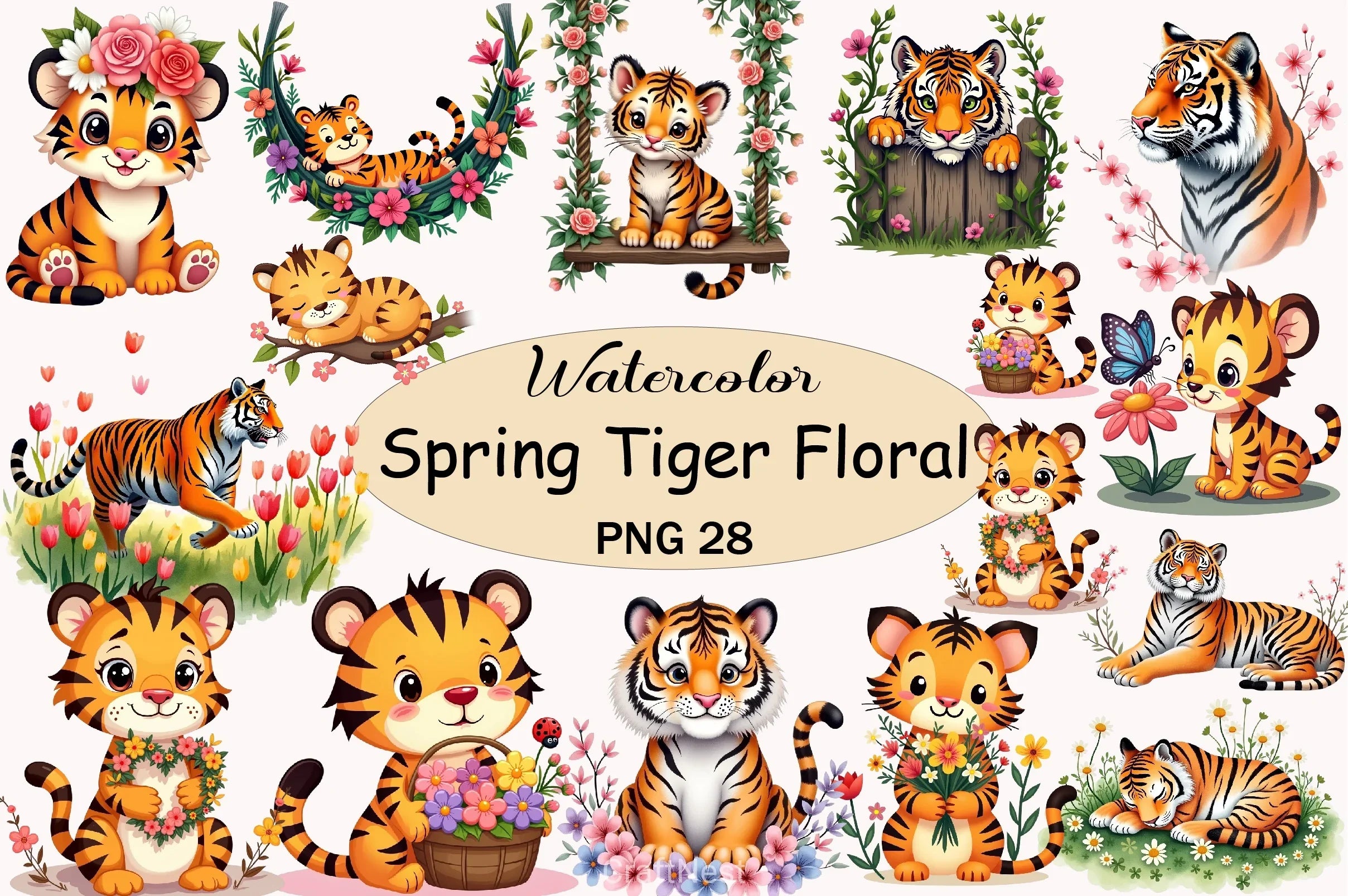 Cute Tiger Floral Clipart Bundle - CraftNest - Digital Crafting and Art