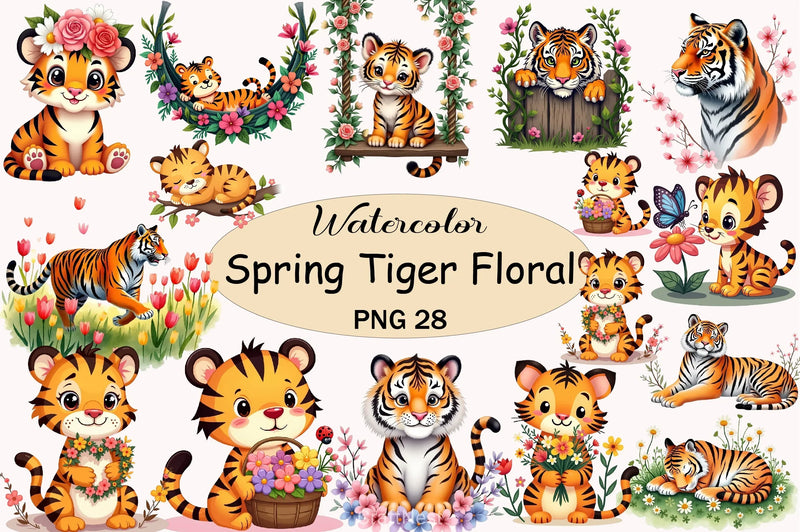 Cute Tiger Floral Clipart Bundle - CraftNest - Digital Crafting and Art