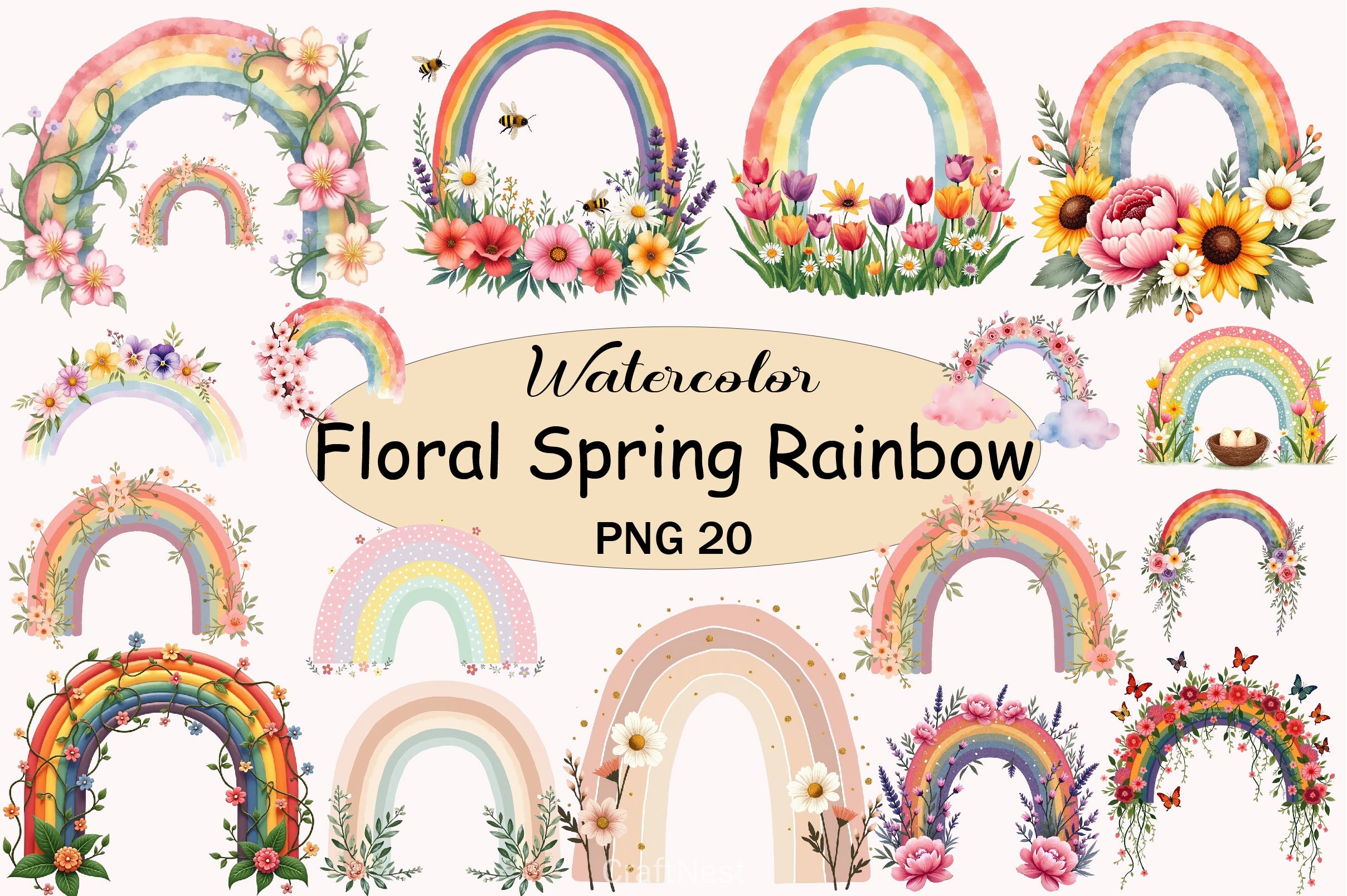 Spring Rainbow Colours Floral Spring Rainbow Clipart Bundle
