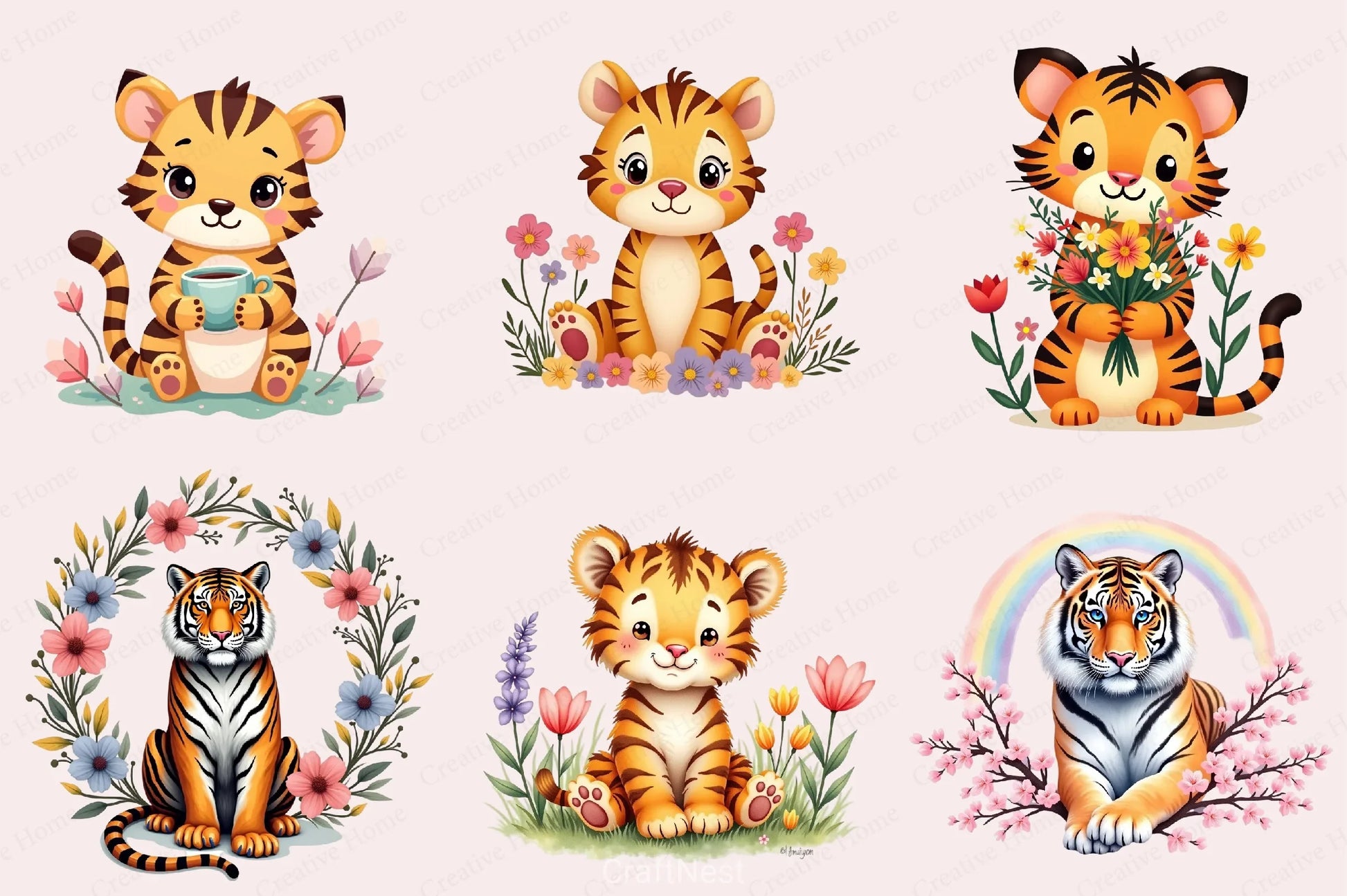 Cute Tiger Floral Clipart Bundle - CraftNest - Digital Crafting and Art