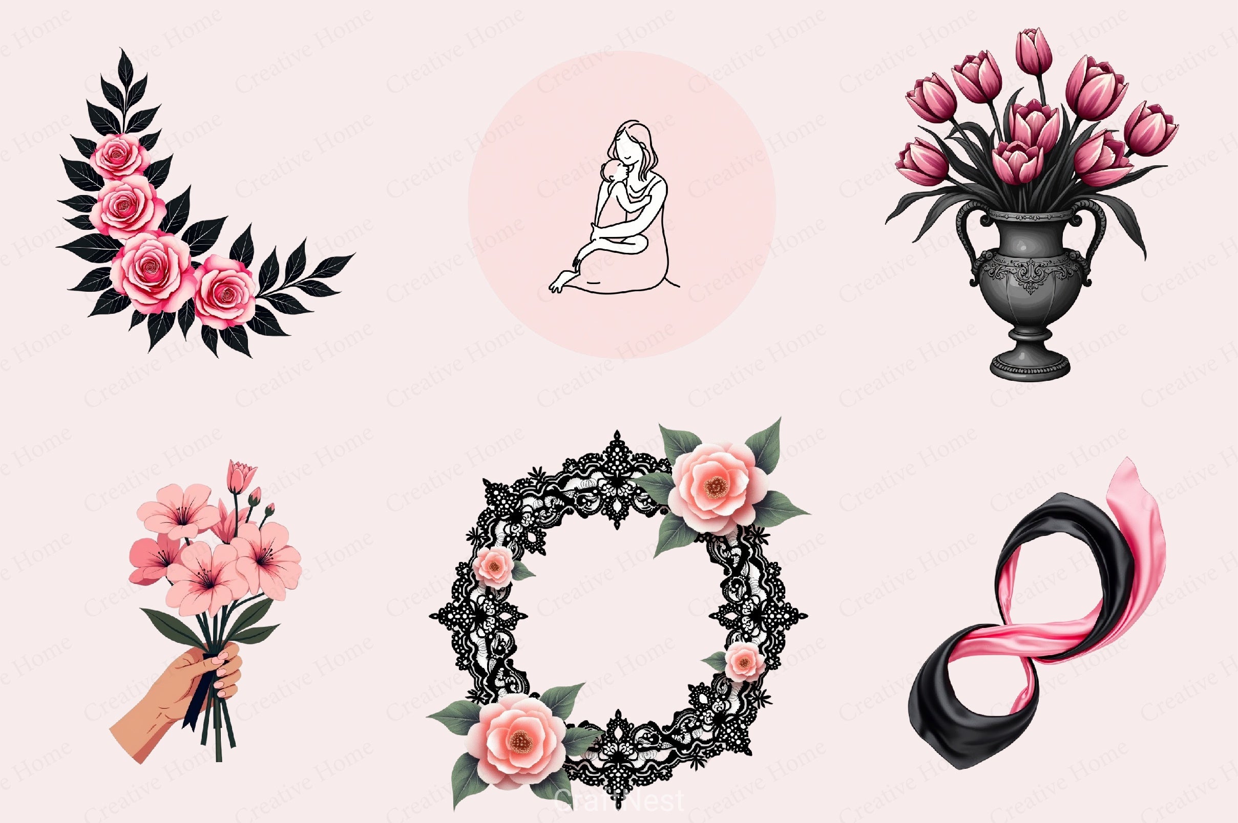 Black & Pink Mother's Day Clipart Bundle - CraftNest - Digital Crafting and Art