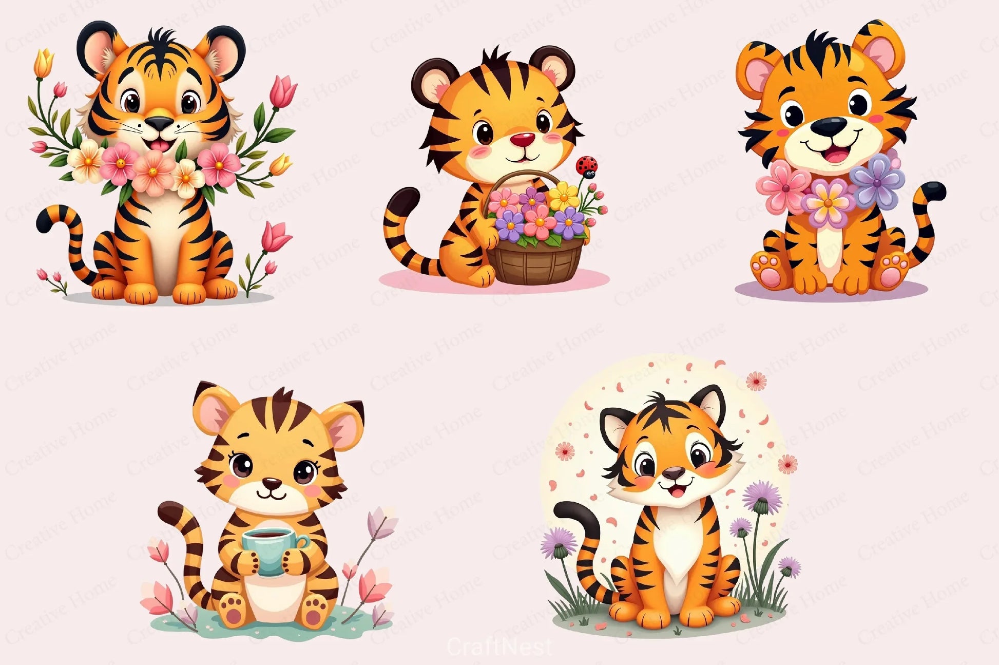 Cute Tiger Floral Clipart Bundle - CraftNest - Digital Crafting and Art