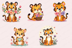 Cute Tiger Floral Clipart Bundle - CraftNest - Digital Crafting and Art