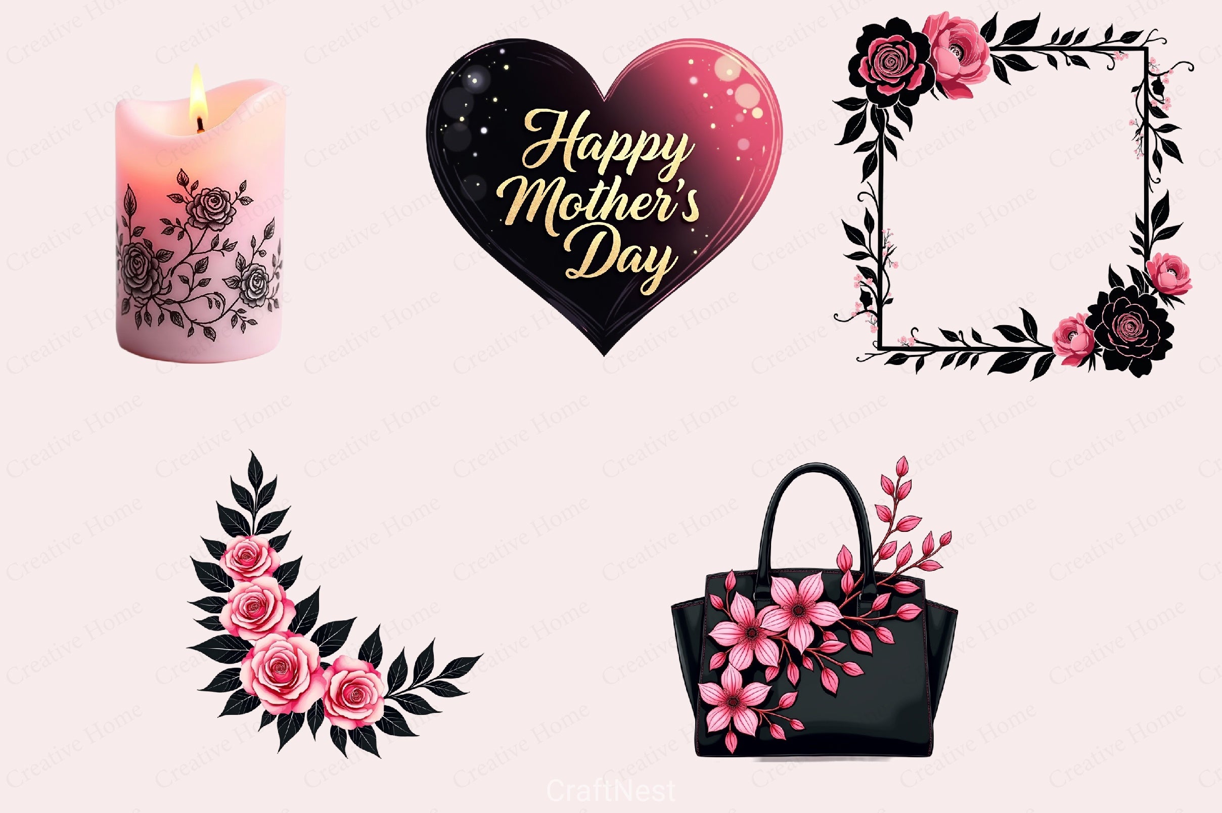 Black & Pink Mother's Day Clipart Bundle - CraftNest - Digital Crafting and Art