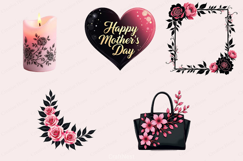Black & Pink Mother's Day Clipart Bundle - CraftNest - Digital Crafting and Art