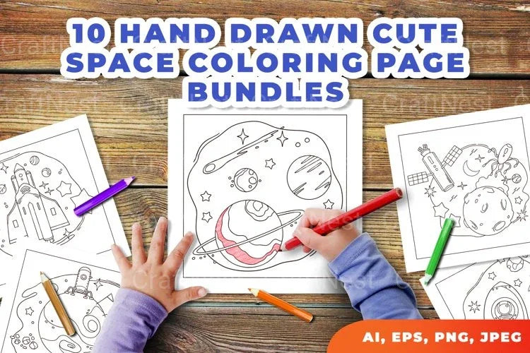 Hand Drawn Cute Space Coloring Page Bundle - CraftNest - Digital Crafting and Art
