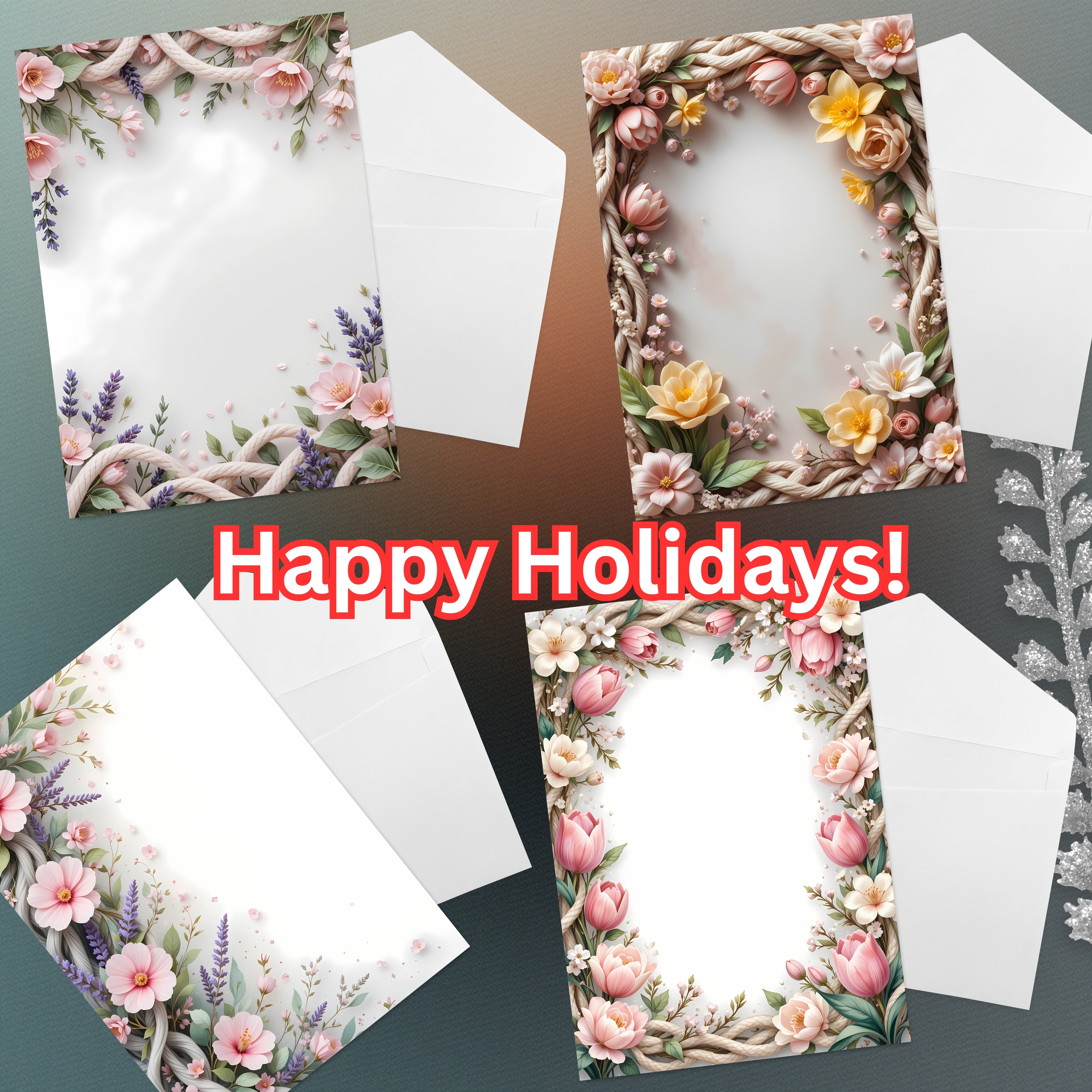 Spring Boho Faux Yarn Floral Borders Clipart Bundle