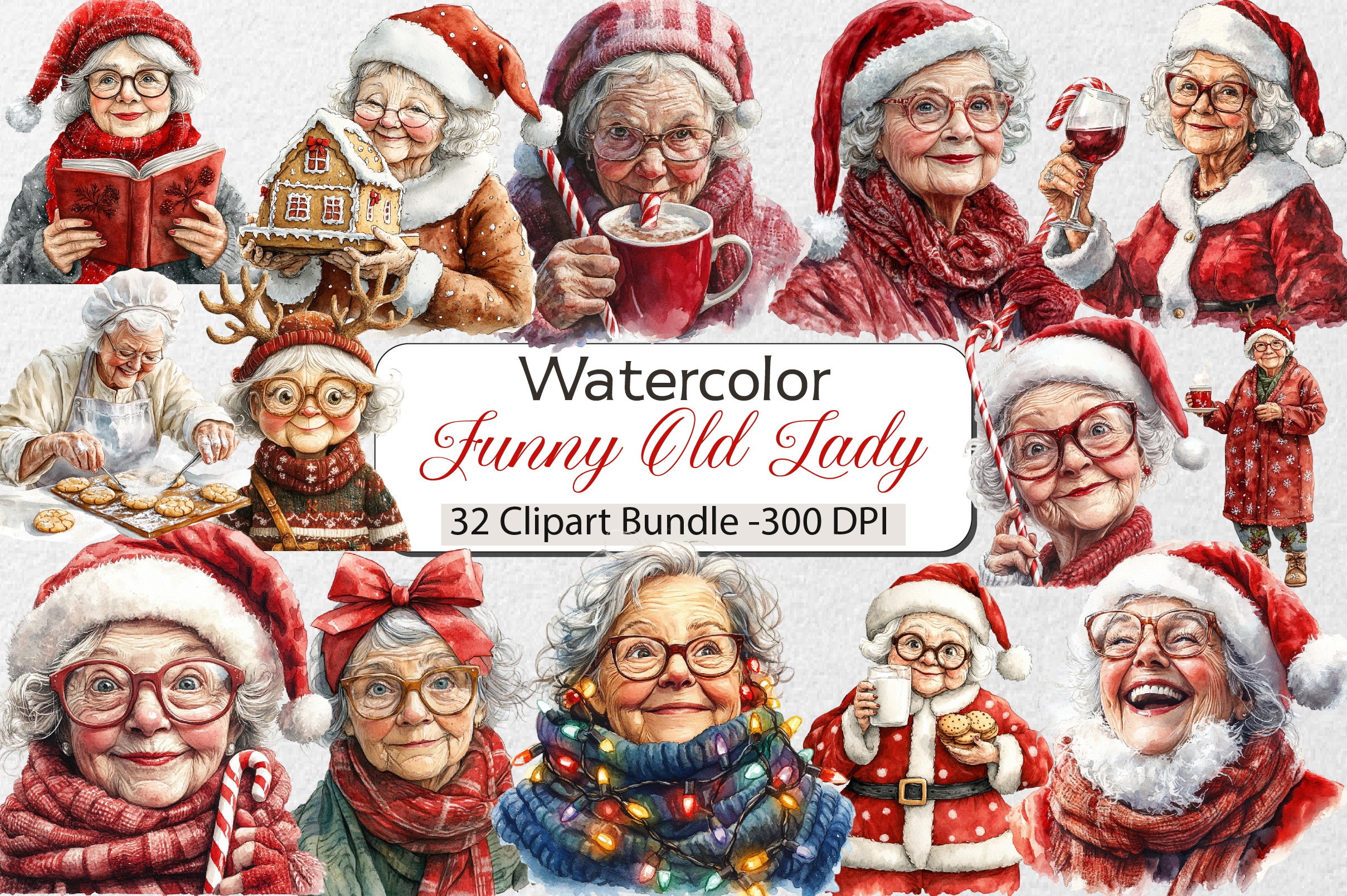 Funny Old Lady Christmas Clipart Bundle