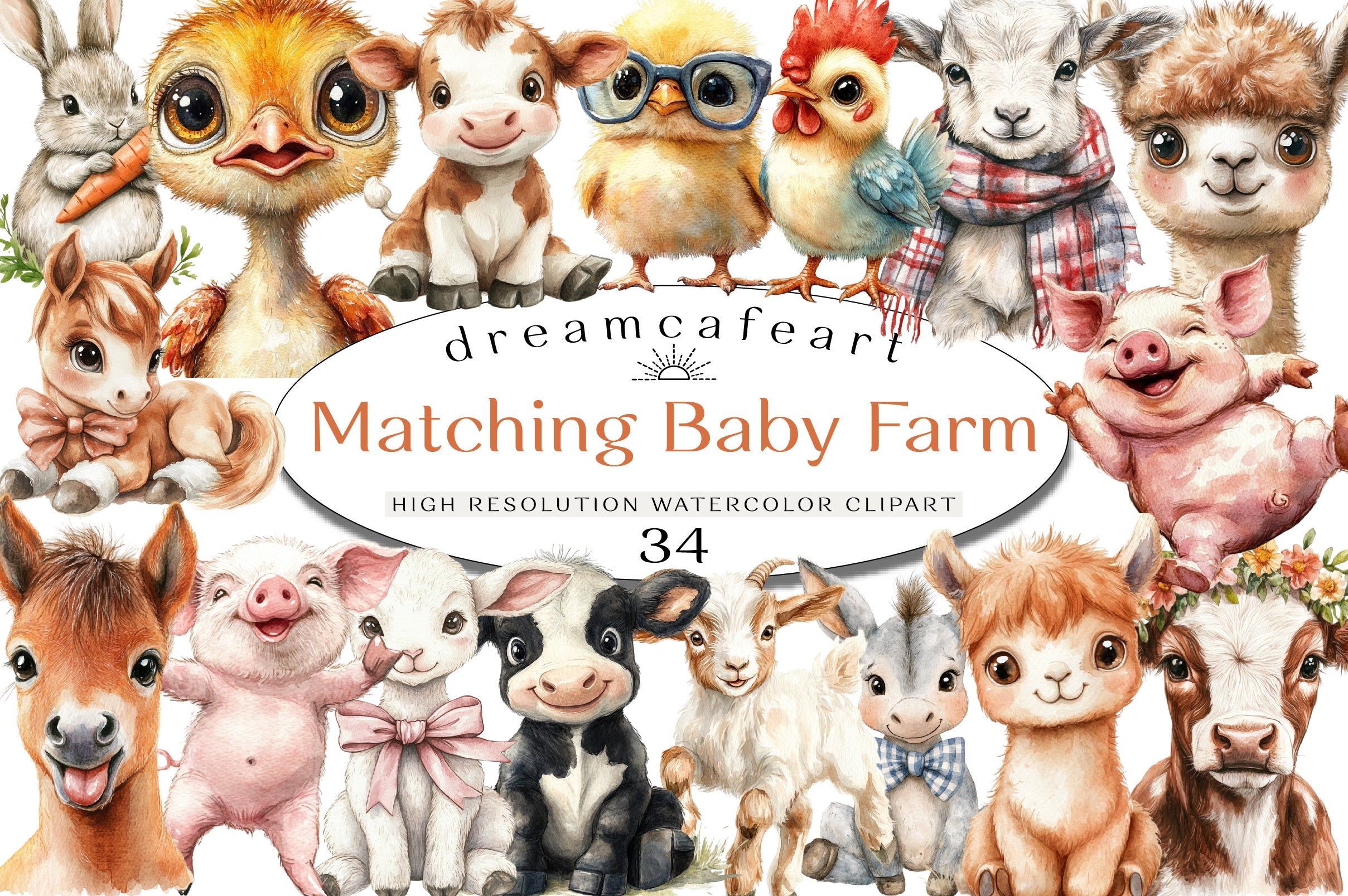Funny Matching Baby Farm Animals Clipart Bundle