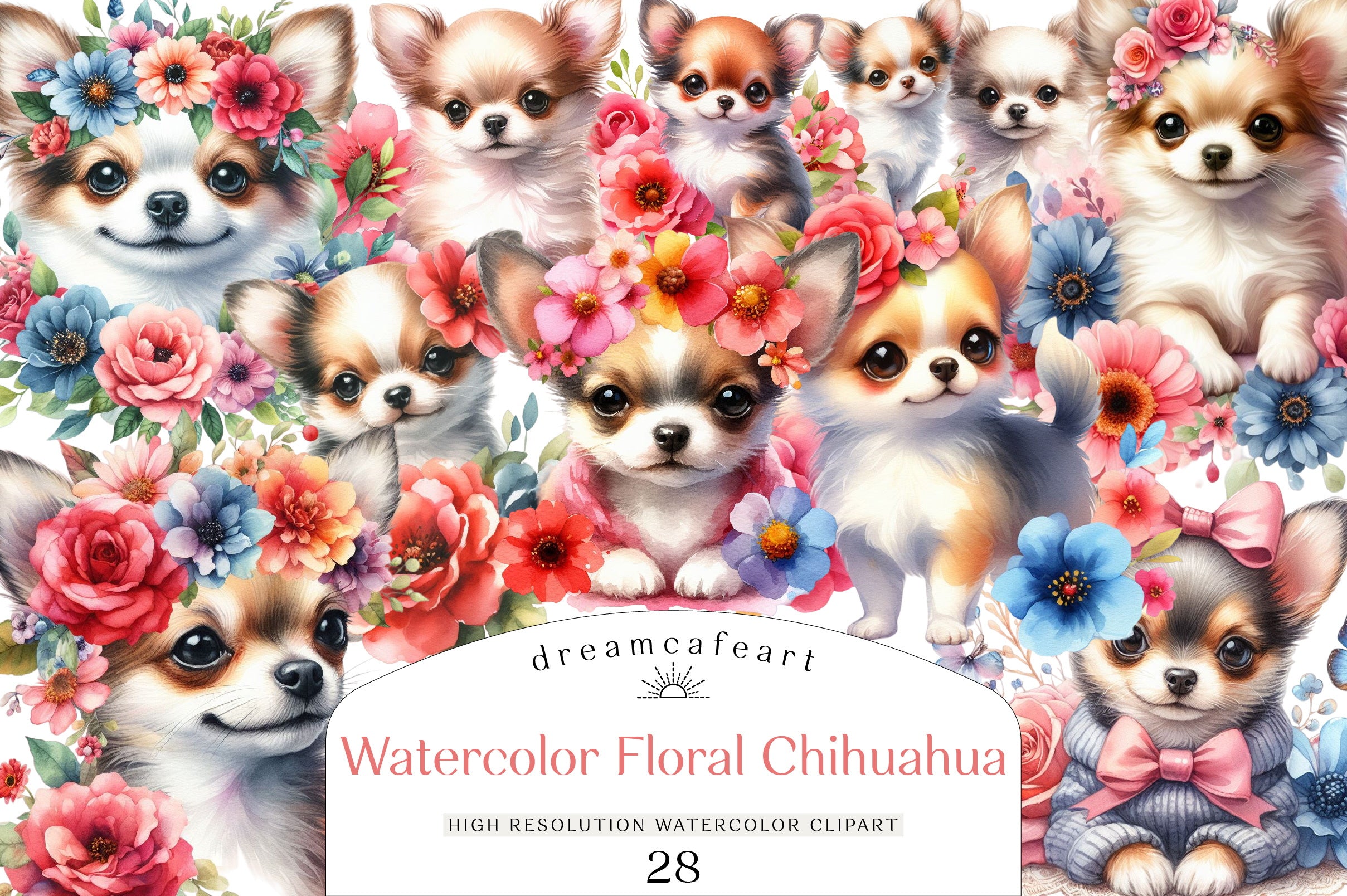 Floral Chihuahua Clipart Bundle