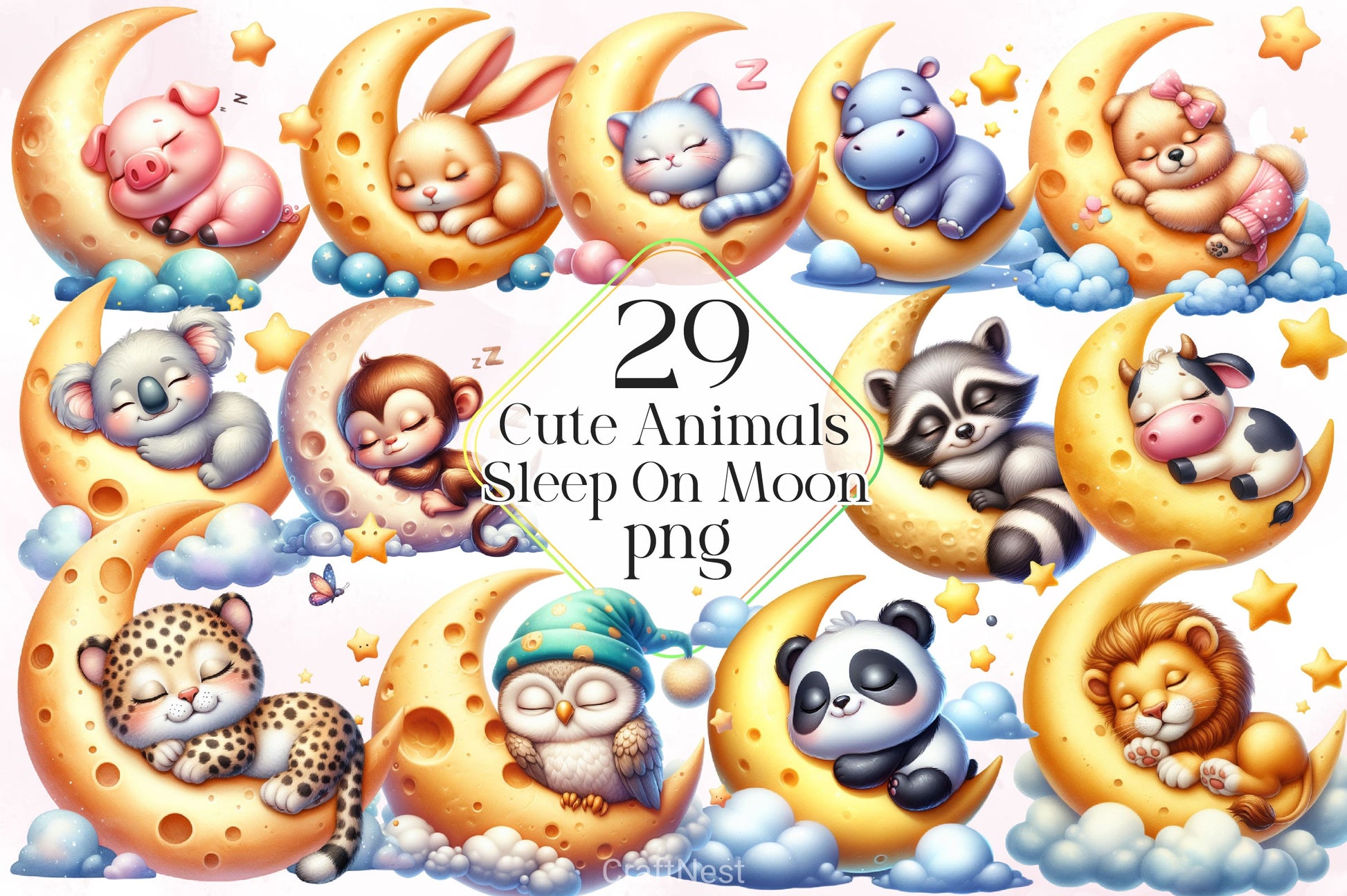 Cute Animals Sleep On Moon Clipart Bundle 2 - CraftNest - Digital Crafting and Art