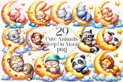 Cute Animals Sleep On Moon Clipart Bundle 2 - CraftNest - Digital Crafting and Art