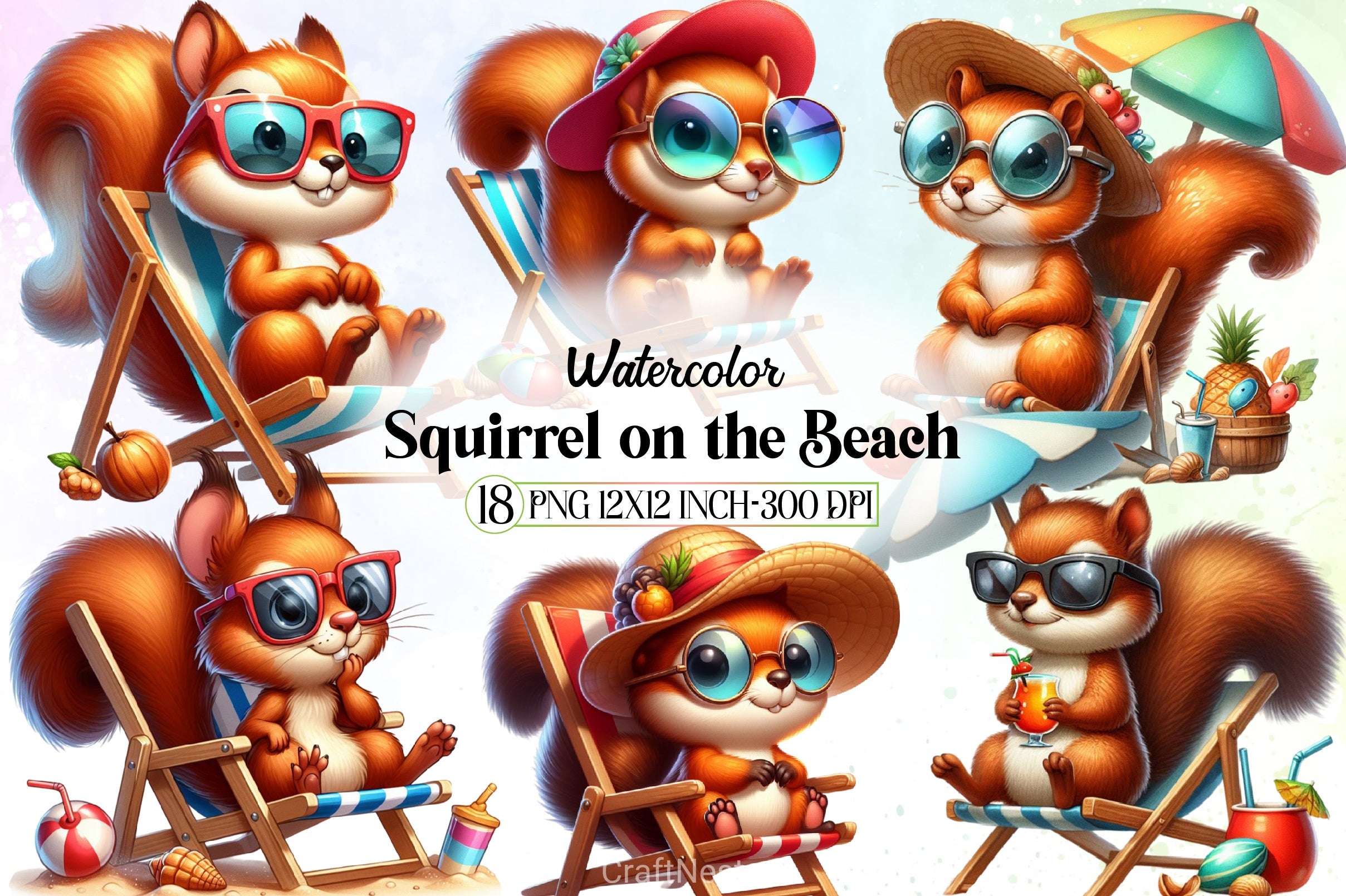Cute Squirrel Beach Clipart Bundle - CraftNest - Digital Crafting and Art