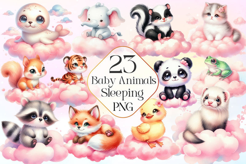 Pink Baby Animals Sleeping Clipart Bundle - CraftNest - Digital Crafting and Art