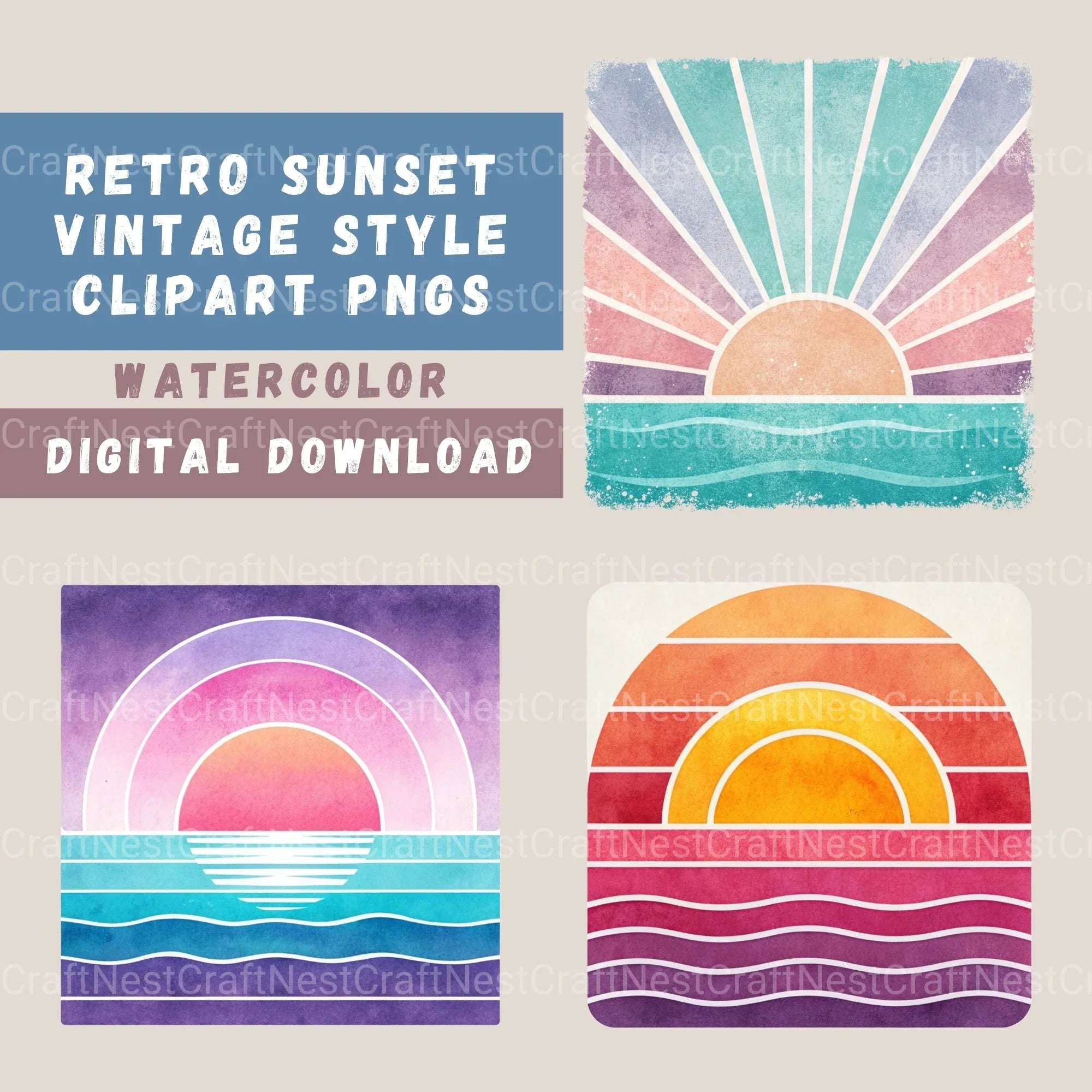 Retro Sunsets Square Clipart Bundle - CraftNest - Digital Crafting and Art