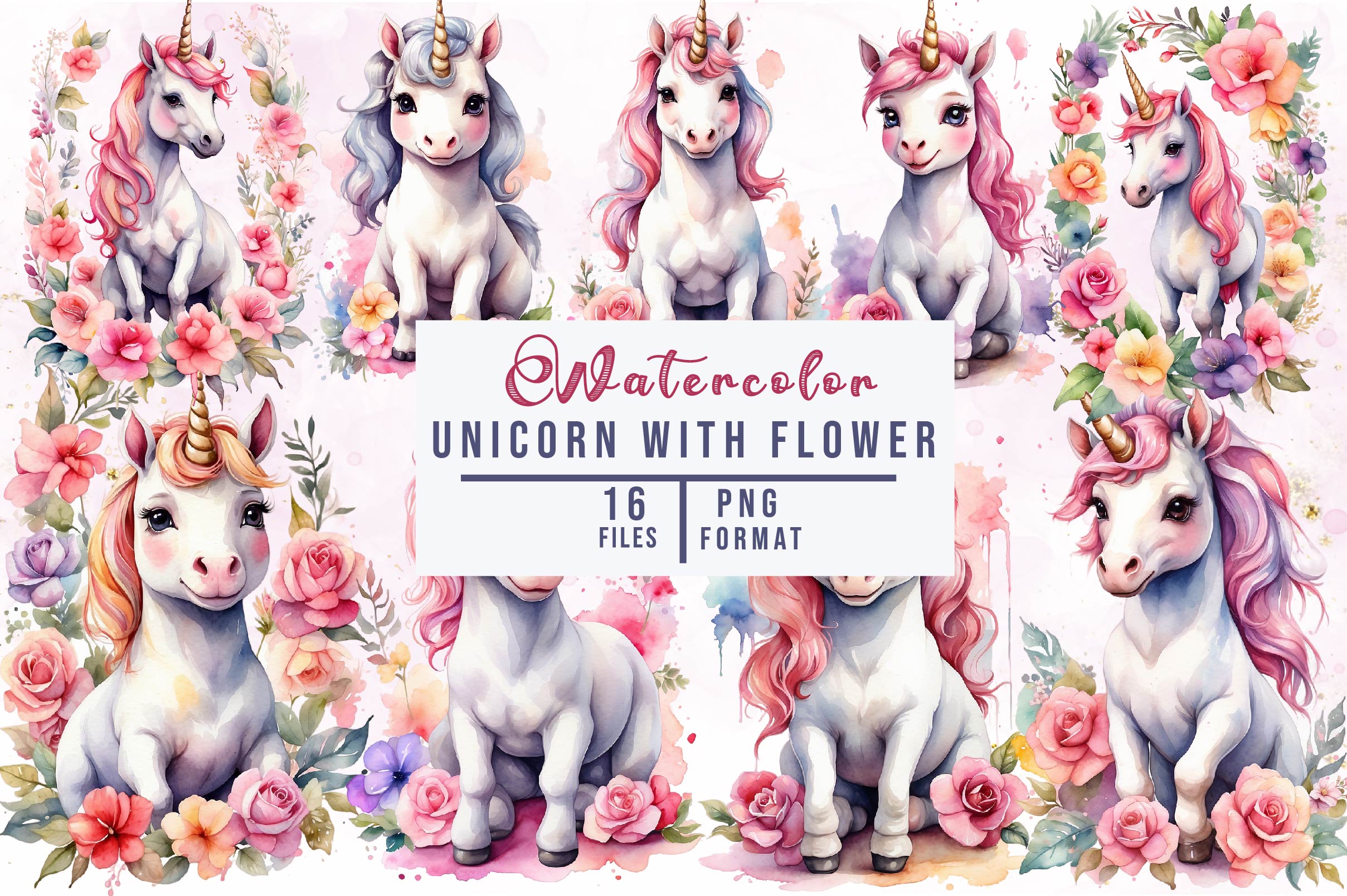 Beautiful Unicorn With Flower Clipart Bundle - CraftNest - Digital Crafting and Art