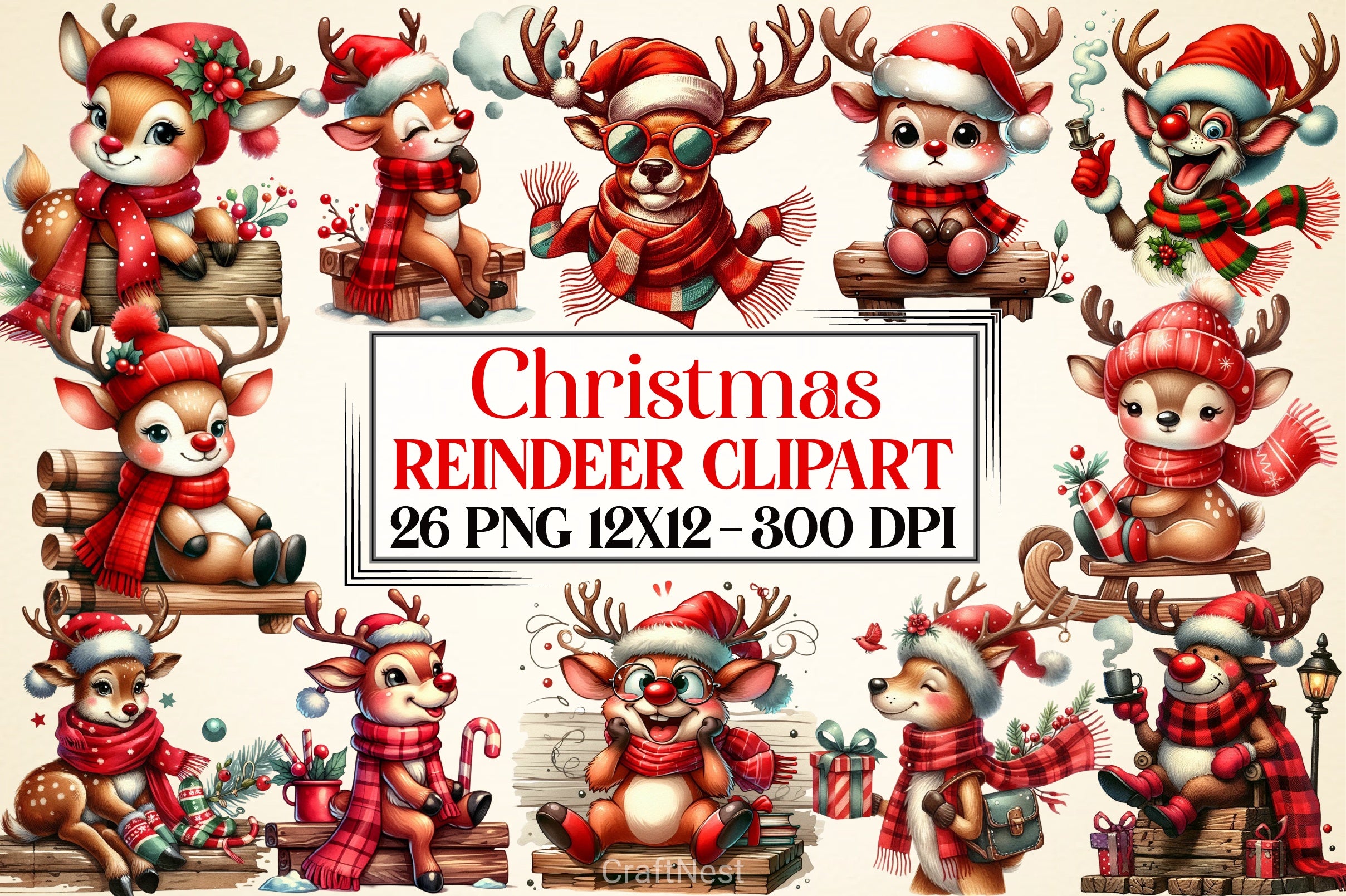 Christmas Reindeer Clipart Bundle 7 - CraftNest - Digital Crafting and Art
