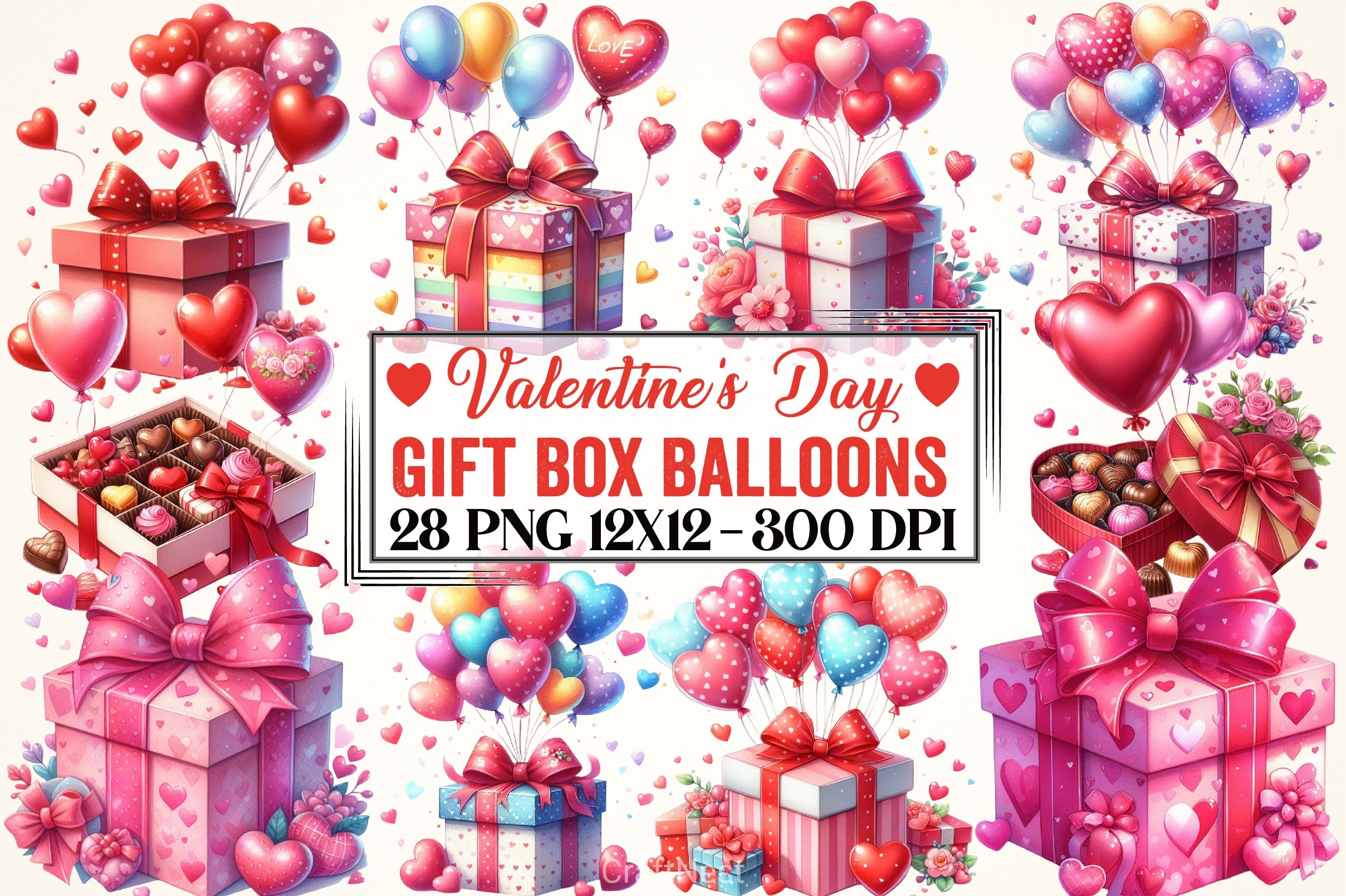 Valentine Gift Box Balloons Clipart Bundle - CraftNest - Digital Crafting and Art