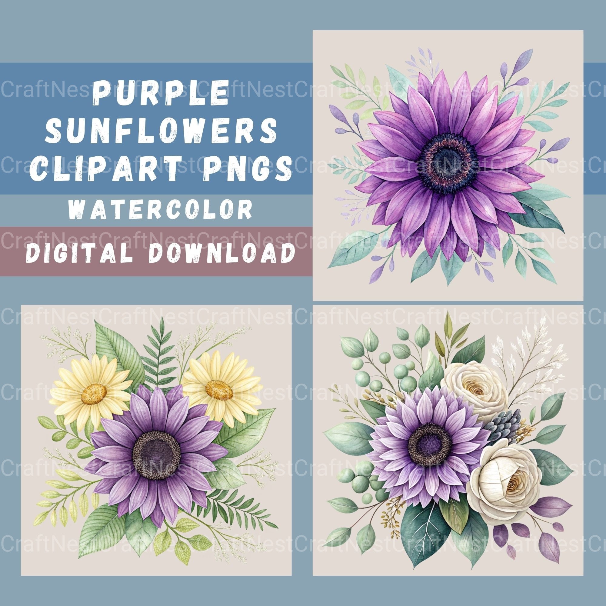 Purple Sunflowers Clipart Bundle - CraftNest - Digital Crafting and Art