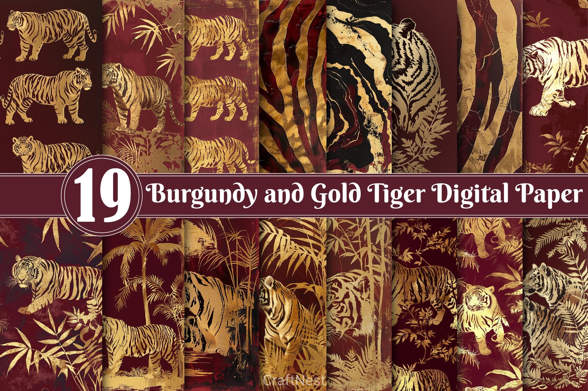 Burgundy And Gold Tiger Digital Paper - CraftNest - Digital Crafting and Art