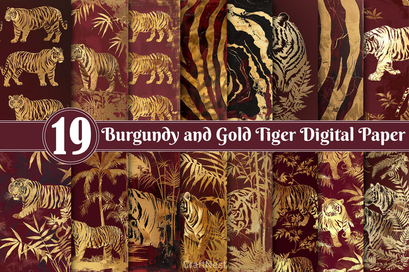 Burgundy And Gold Tiger Digital Paper - CraftNest - Digital Crafting and Art