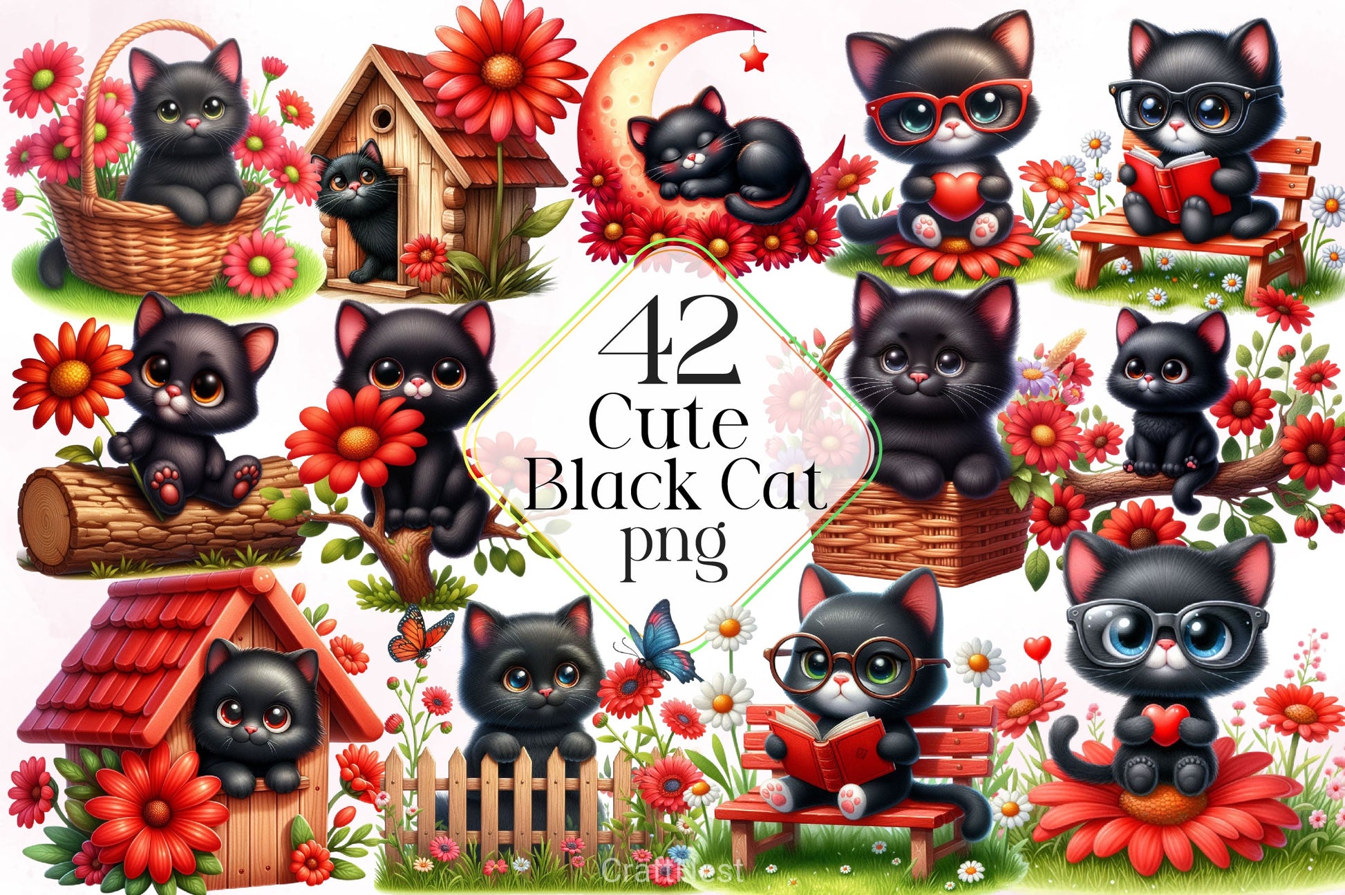 Cute Black Cat Clipart Bundle - CraftNest - Digital Crafting and Art
