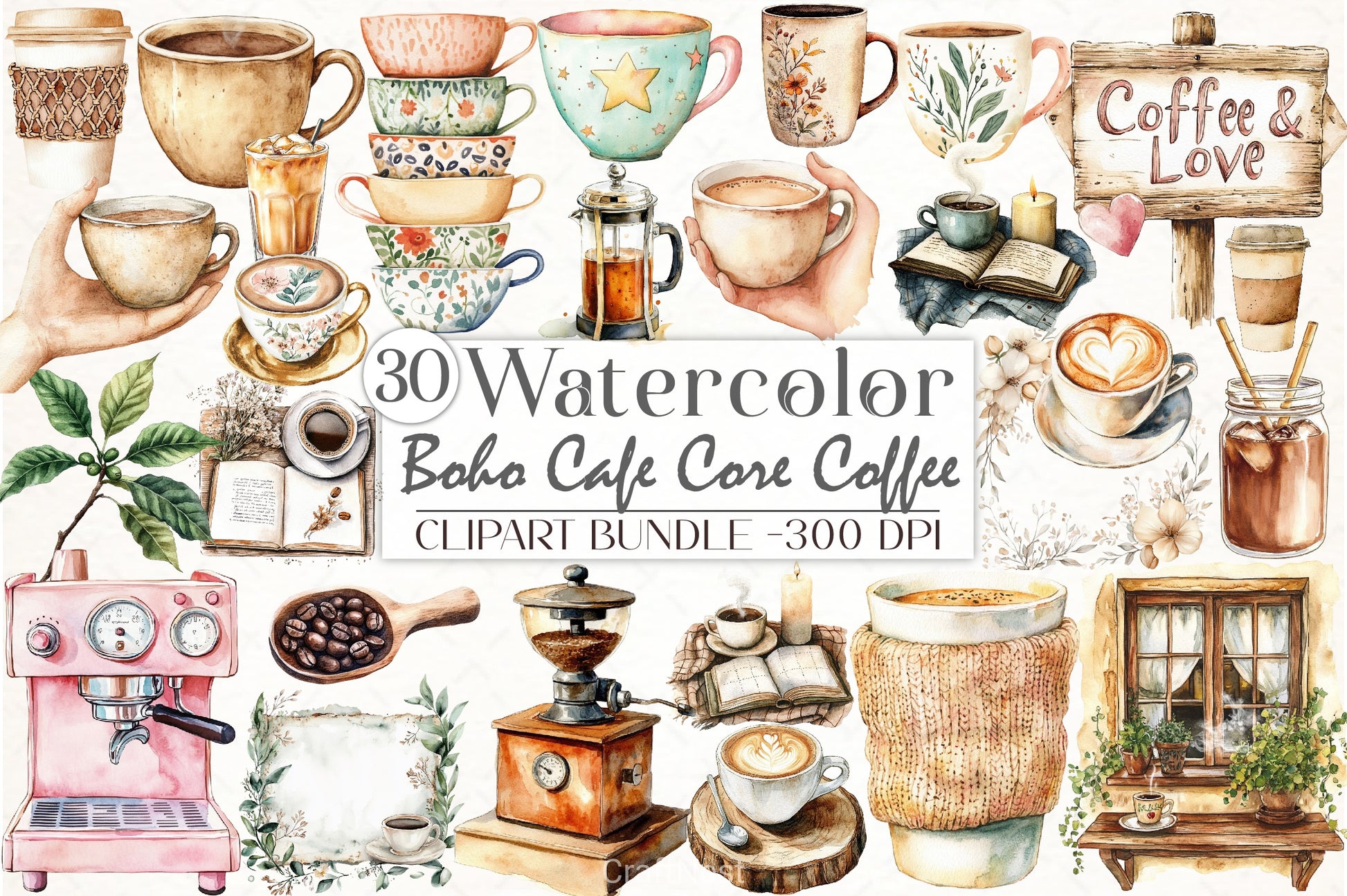 Boho Cafe Core Coffee Clipart Bundle - CraftNest - Digital Crafting and Art