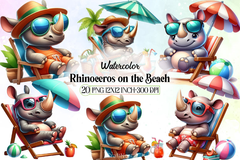 Cute Rhinoceros Beach Clipart Bundle - CraftNest - Digital Crafting and Art