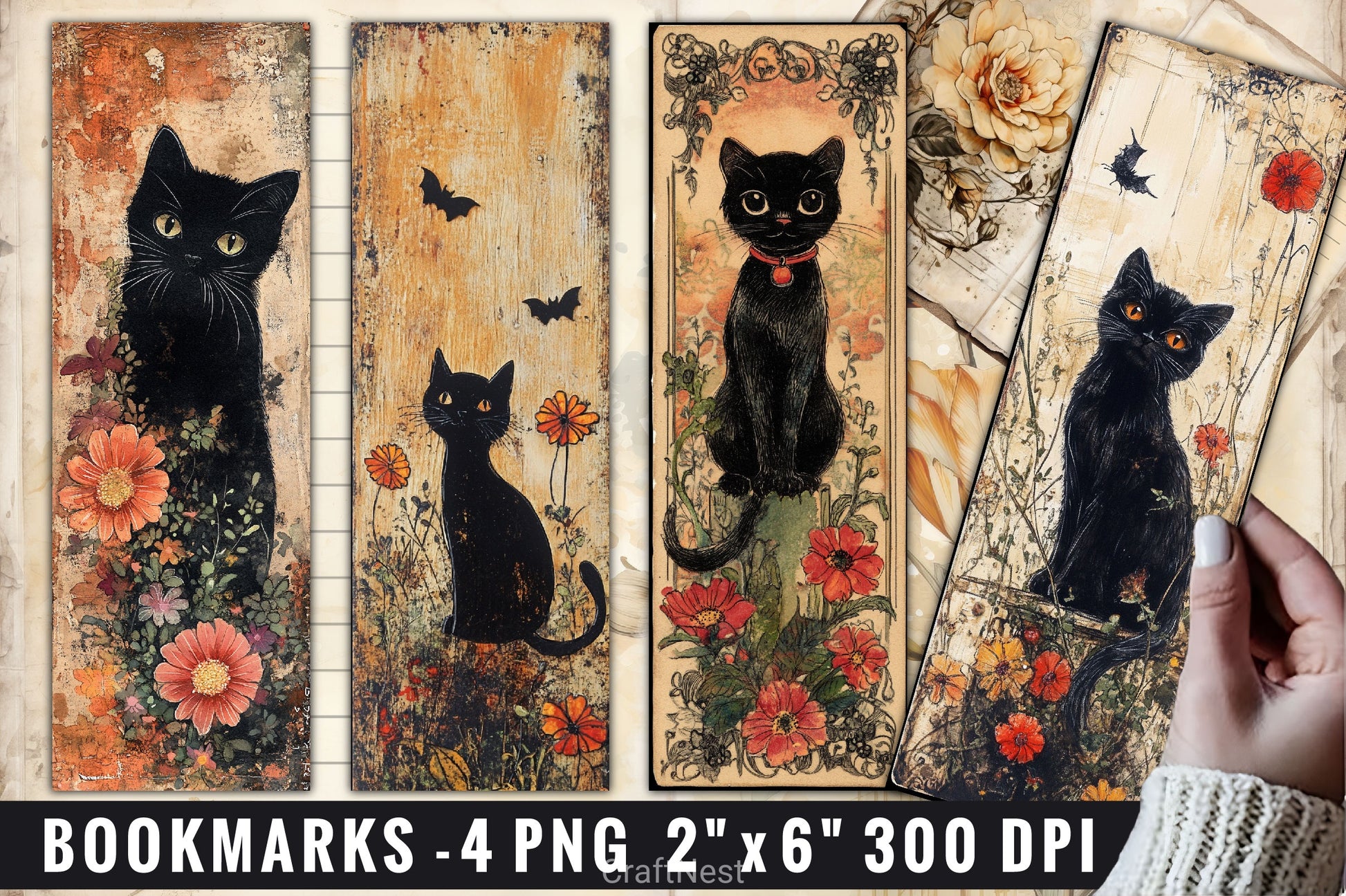Black Cats Bookmarks Flowers Bookmarks Bookmark Junk Journal - CraftNest - Digital Crafting and Art