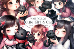 Cute Girl & Cat Clipart Bundle - CraftNest - Digital Crafting and Art