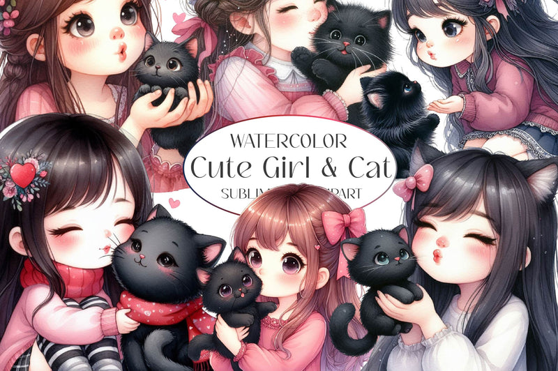 Cute Girl & Cat Clipart Bundle - CraftNest - Digital Crafting and Art