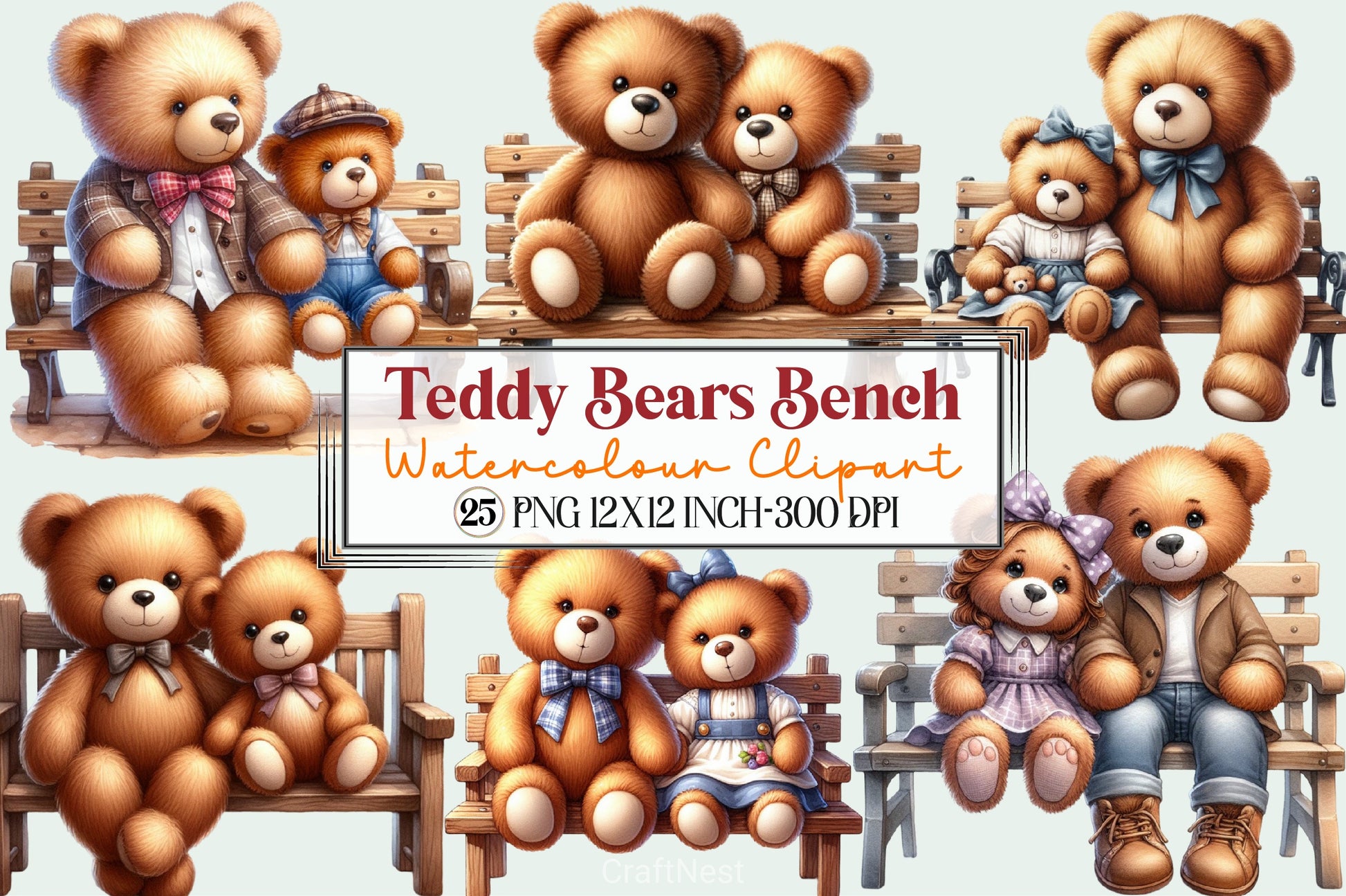 Teddy Bears Bench Clipart Bundle - CraftNest - Digital Crafting and Art