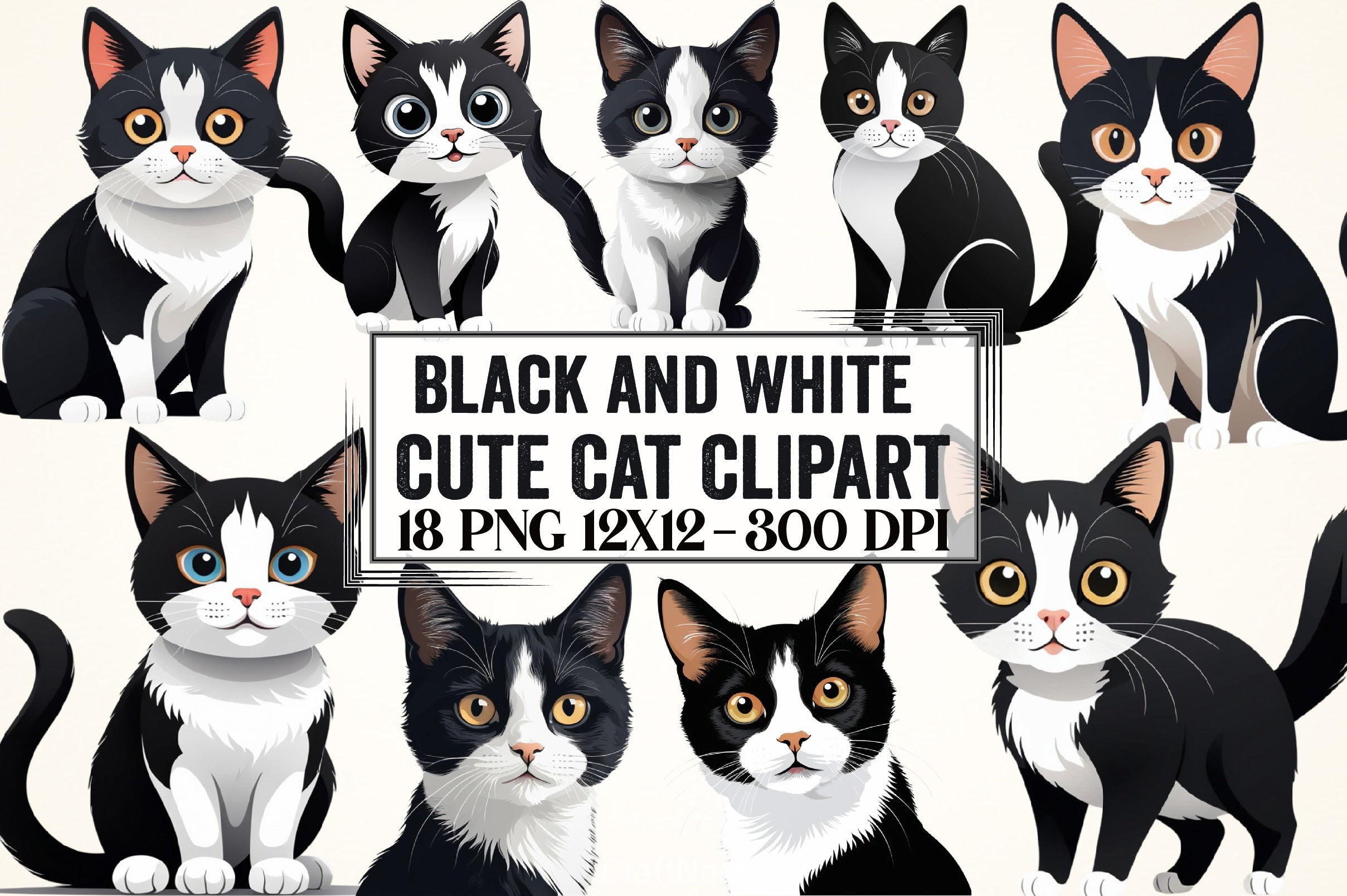 Cute Black & White Cat Clipart Bundle - CraftNest - Digital Crafting and Art