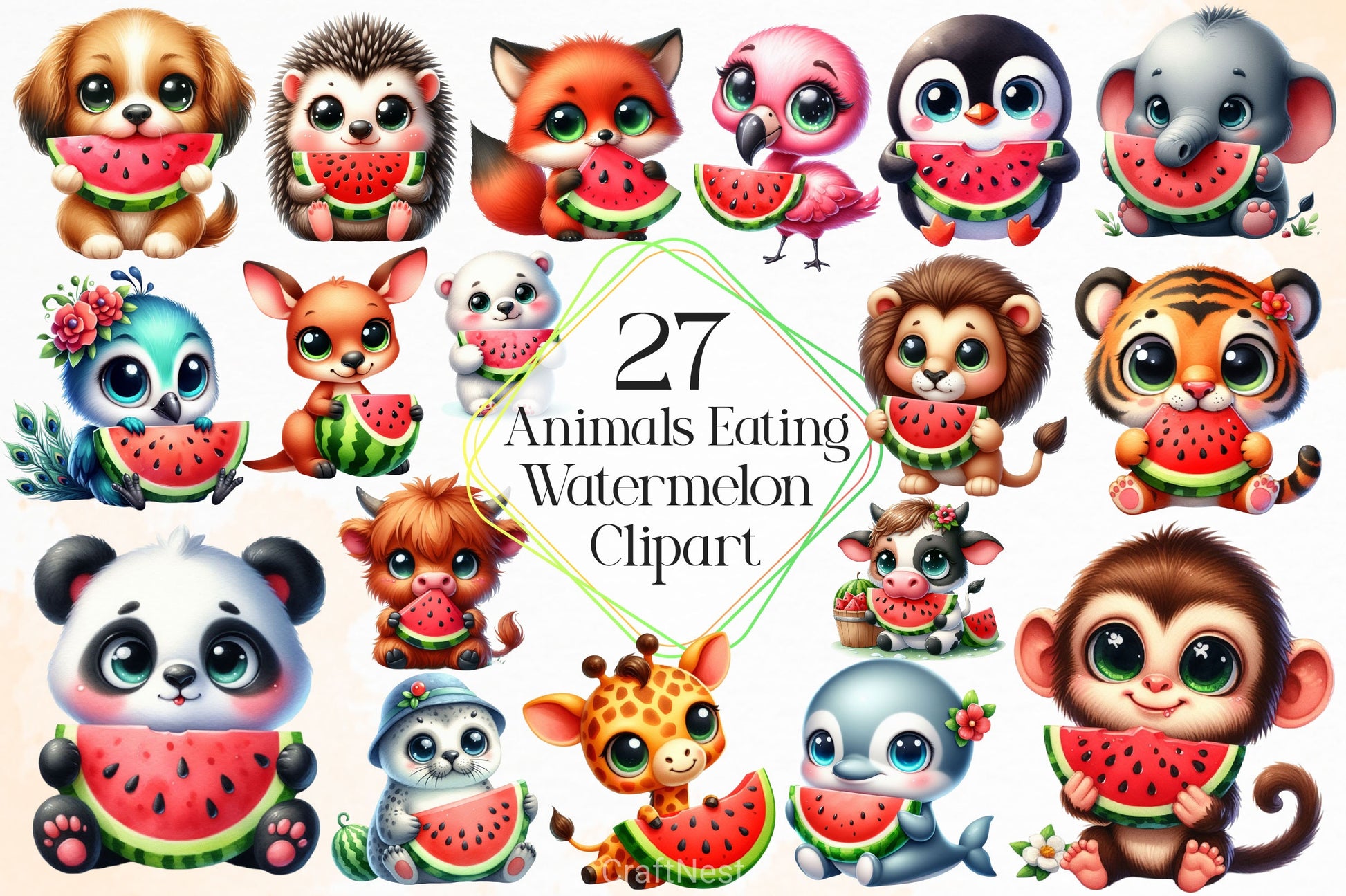 Cute Animals Eating Watermelon Clipart Bundle - CraftNest - Digital Crafting and Art