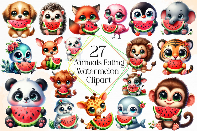 Cute Animals Eating Watermelon Clipart Bundle - CraftNest - Digital Crafting and Art