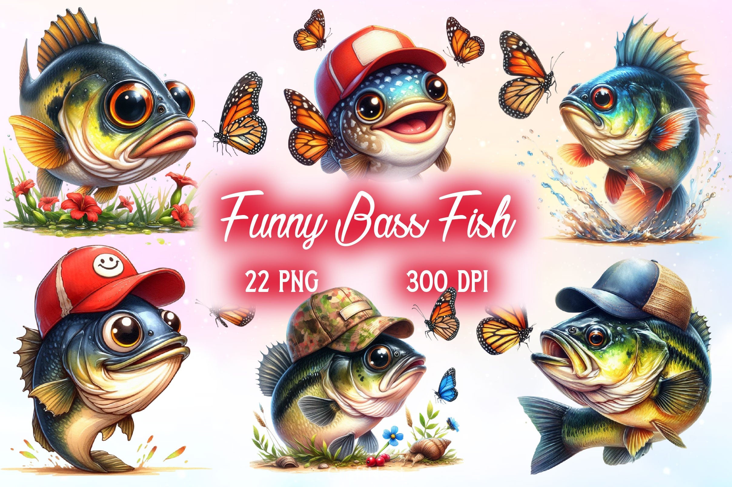 Bass Fishing With Butterflies Clipart Bundle - CraftNest - Digital Crafting and Art